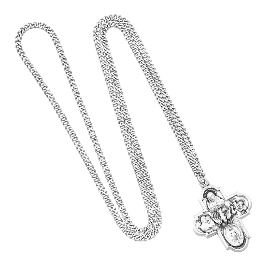 Rosemarie's Sterling Silver Traditional Catholic Four Way Cross Medal Pendant Necklace - 24 Inch Chain - Religious Gift for Baptism, First Communion & Confirmation - Perfect for Daily Wear & Special Occasions