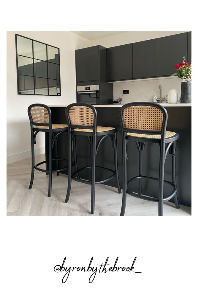 Chez Pitou Black Wood & Woven Cane Bar Stool - Modern Kitchen Island & Counter Height Stool for Dining & Home Decor