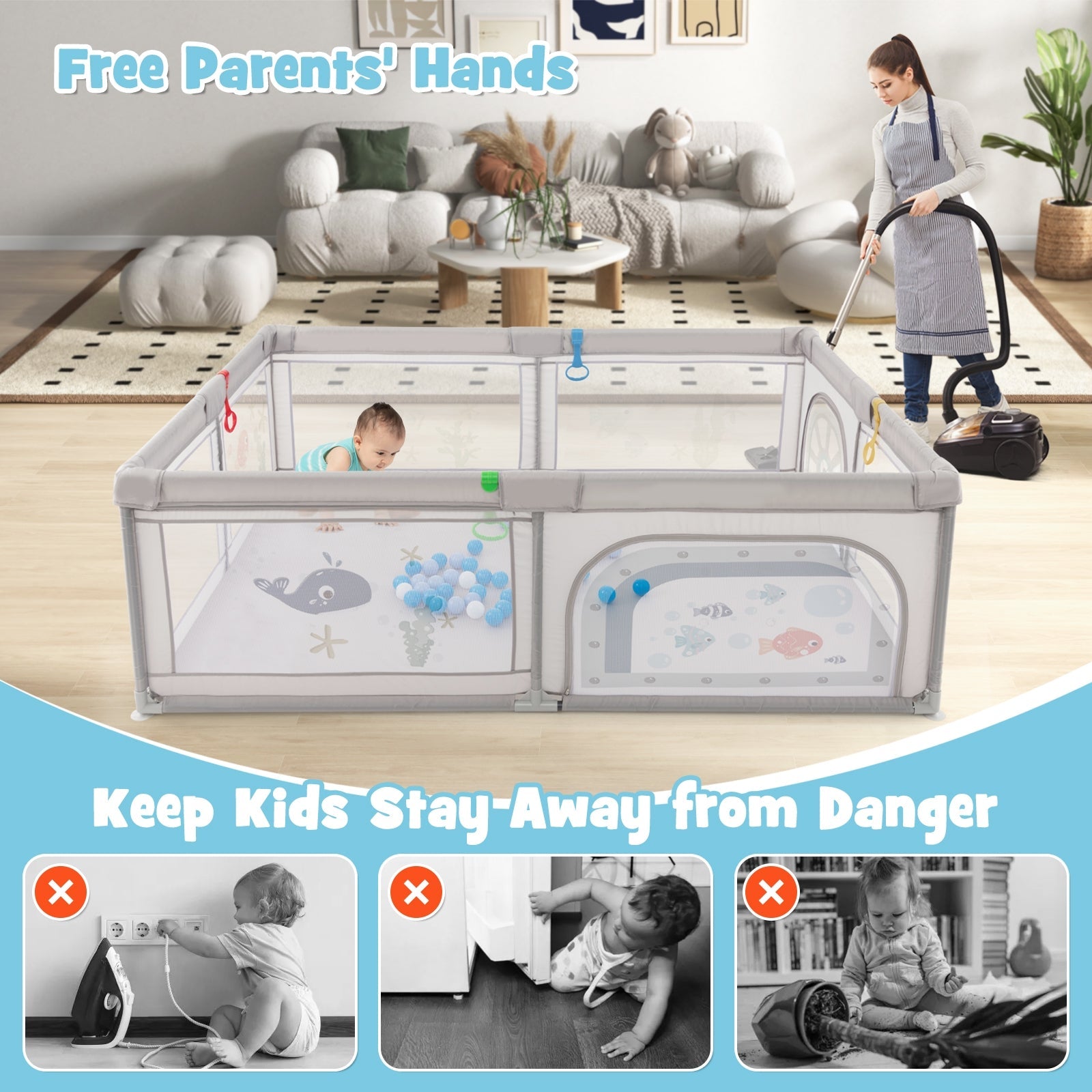 Large Baby Playpen with Pull Rings, Ocean Balls & Cute Whale Pattern - Safe Play Area for Toddlers & Infants - Perfect for Indoor Playrooms, Daycare Centers & Home Use