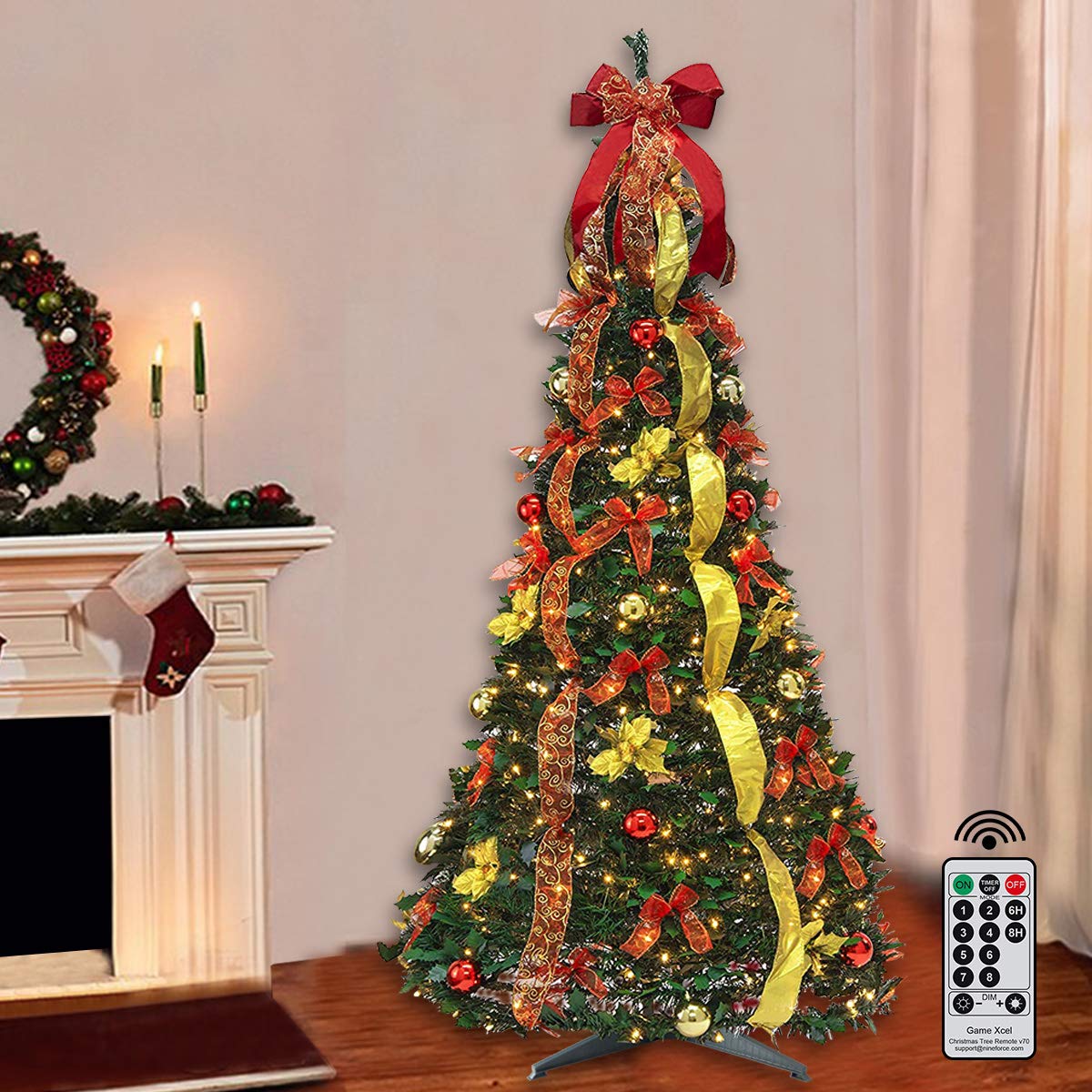 6FT Pre-Lit Pull Up Artificial Christmas Tree with LED Lights, Decorations & Remote - Red, Gold Ornaments, Bows & Ribbons | Perfect for Home, Office & Holiday Party Decor