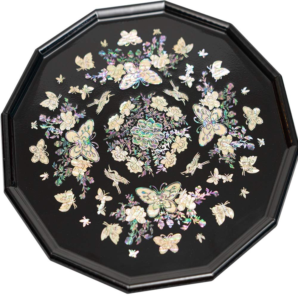 February Mountain Mother of Pearl Decorative Serving Tray - Vintage Handcrafted Black Tray for Breakfast, Coffee, Snacks & Gadgets - Perfect for Kitchen Counter, Coffee Table or as Housewarming Gift - Elegant Home Decor & Entertaining Accessory