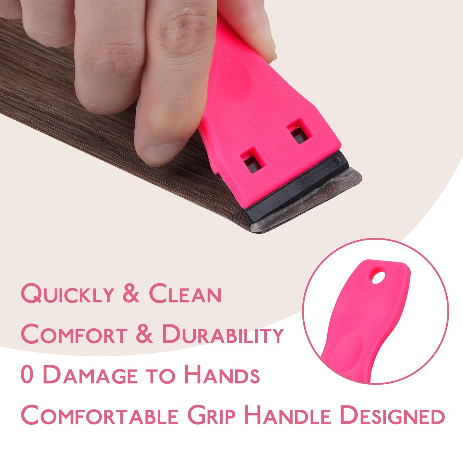 WENNALIFE Tape Remover Scraper Tool - 10 Replacement Blades & 6 Tape Tabs - Non-Scratch Adhesive Remover for Hair Extensions, Cleaning & DIY Projects - Plastic Razor Blade Scraper (Hot Pink)