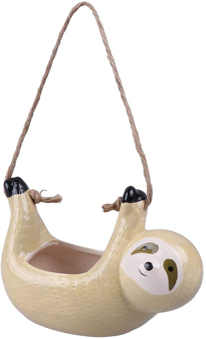Ceramic Sloth Hanging Planter - Gray Succulent Flower Pot for Indoor Plants, Home & Office Decor - Perfect for Living Room, Bedroom, Balcony, and Gift Ideas