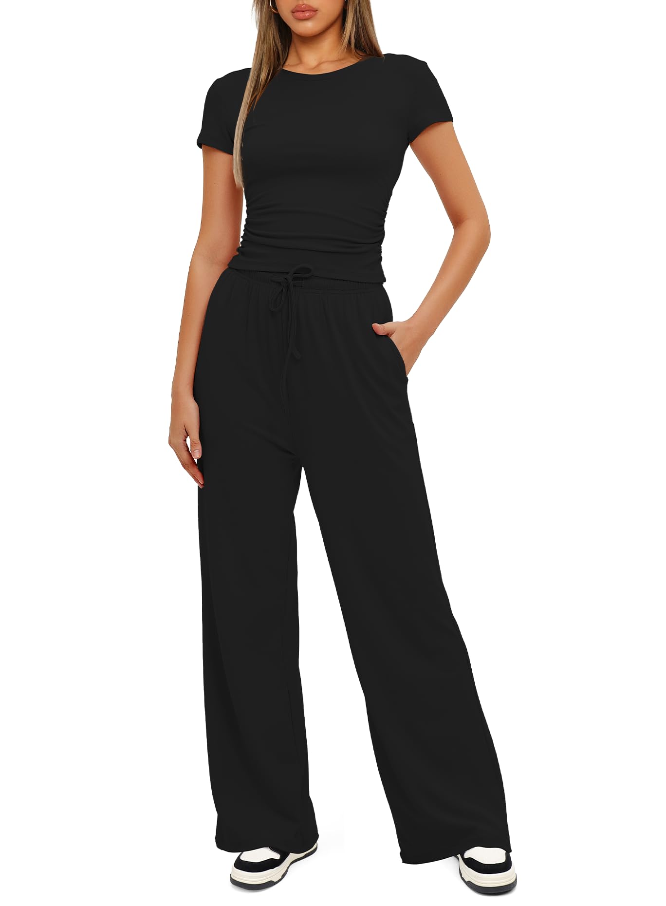 Darong Women's 2 Piece Lounge Set - Ruched Short Sleeve Top & High Waisted Wide Leg Pants Tracksuit Outfit | Comfortable Casual Wear for Home, Yoga, Travel & Everyday Fashion