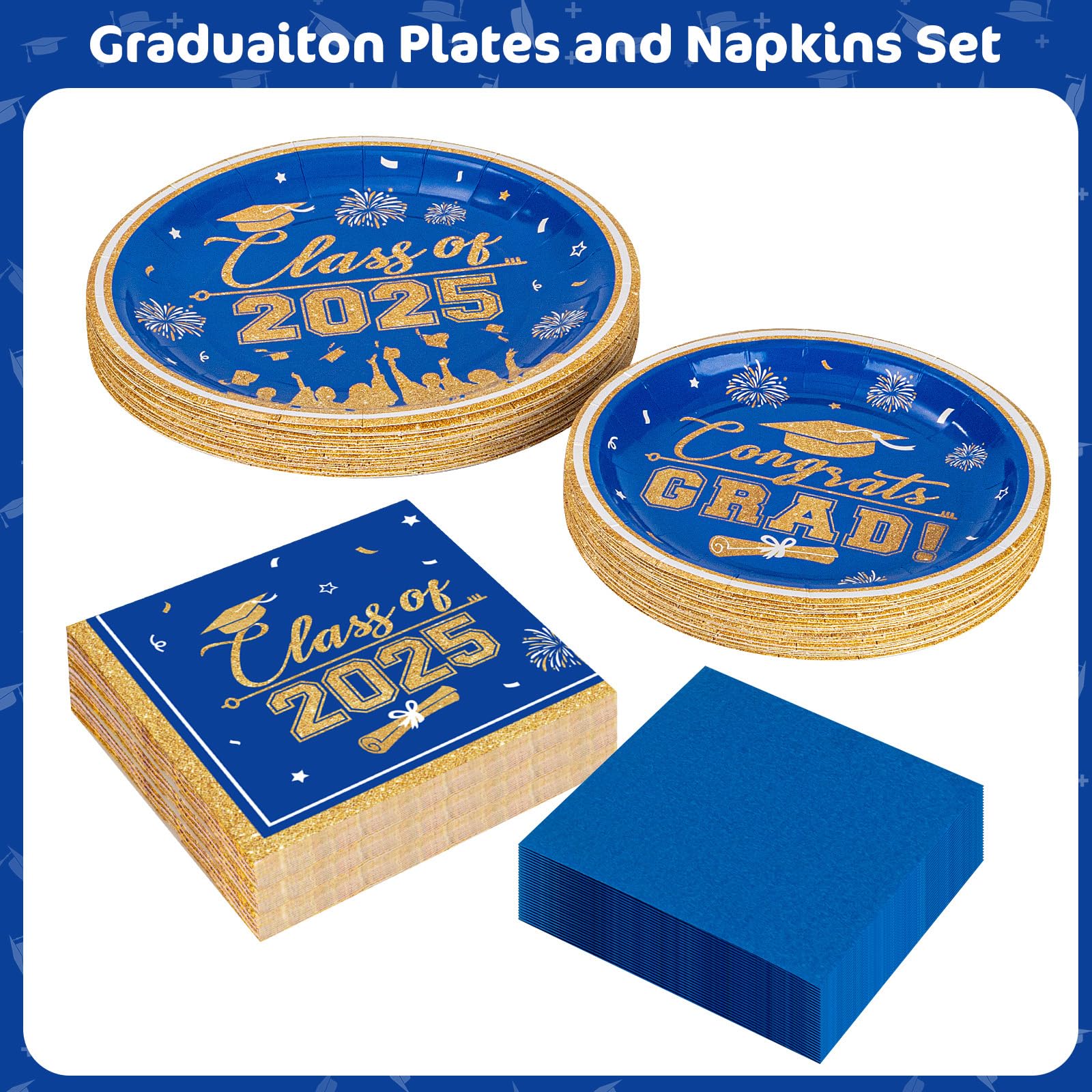 2025 Graduation Party Supplies - Class of 2025 Blue & Gold Disposable Paper Plates & Cocktail Napkins Set (Serves 25) - Perfect for Graduation Decorations, Celebrations & Commencement Parties