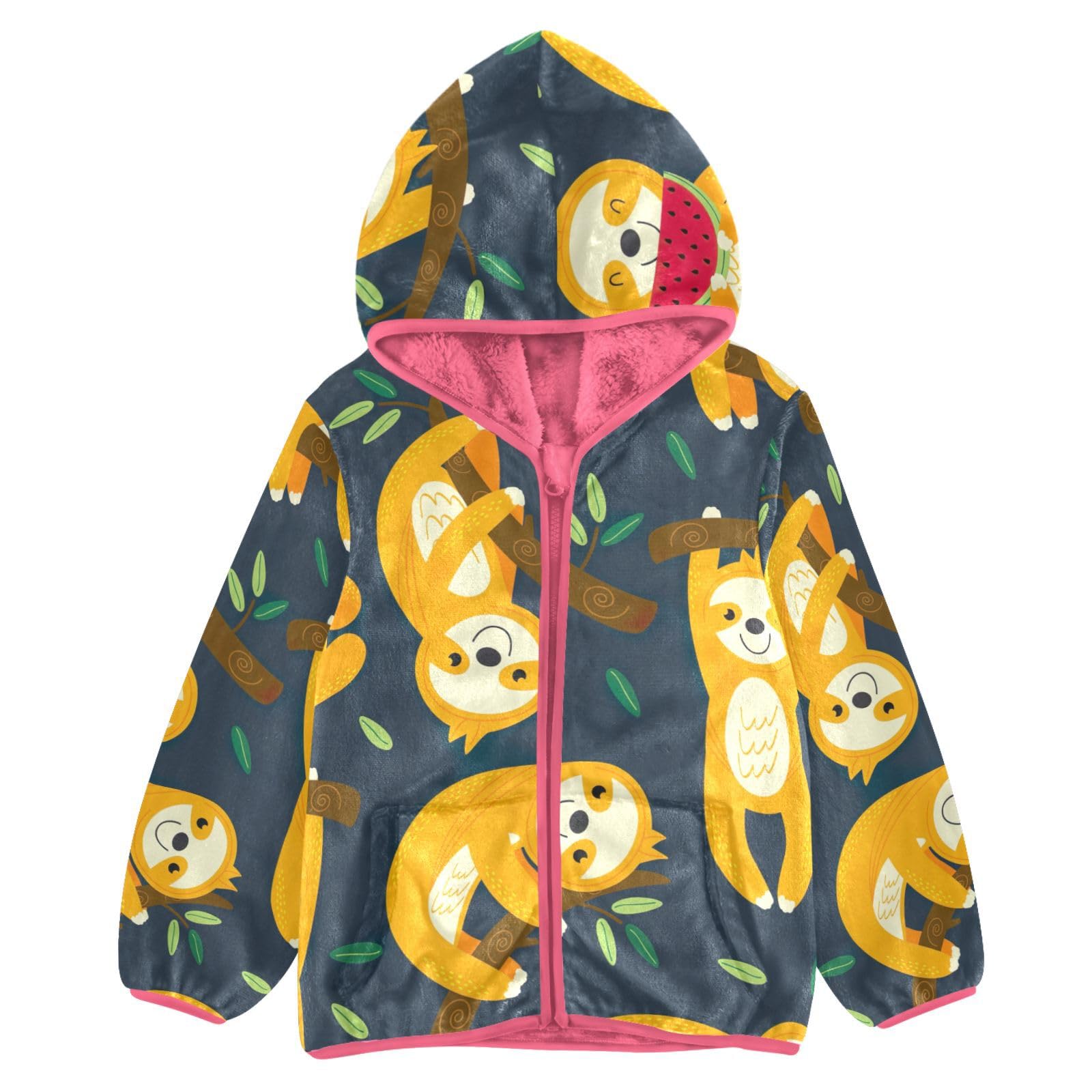 Funny Sloths Animal Print Hooded Fleece Jacket for Baby Girls - Organic Cotton Pink Toddler Dress (4T) | Perfect for Playdates, Outdoor Adventures & Cozy Winter Wear
