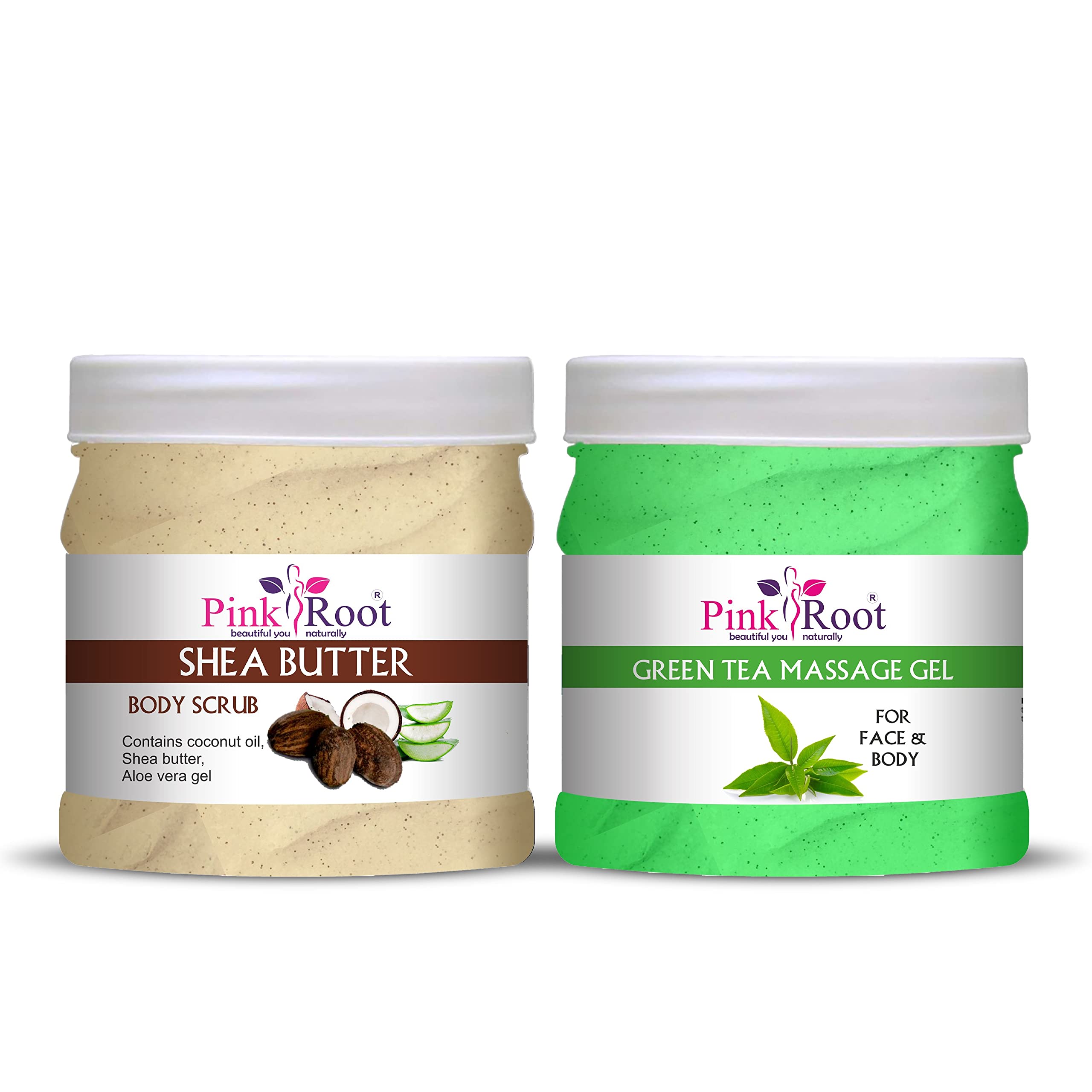 Organic Pink Root Green Tea Massage Gel & Shea Butter Scrub Set - 500ml Each for Relaxation, Skin Hydration & Exfoliation - Perfect for Spa, Home Massage & Self-Care Routines
