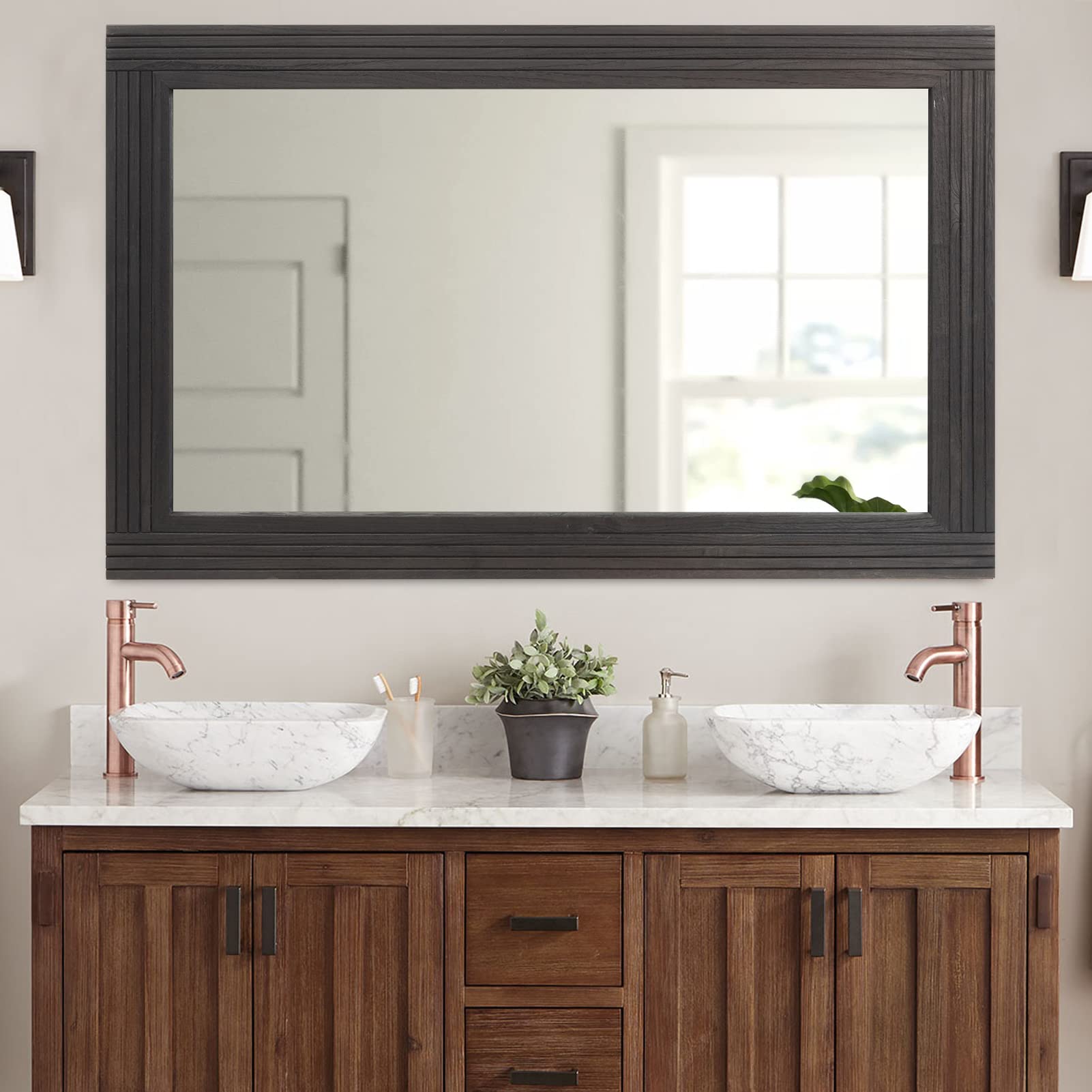 Handmade Wooden Spliced Wall Mirror - Rustic Farmhouse Vanity Mirror with Solid Wood Frame for Bathroom & Bedroom Décor | Vertical or Horizontal Hanging | Perfect for Home, Apartment, and Office Wall Art Decoration
