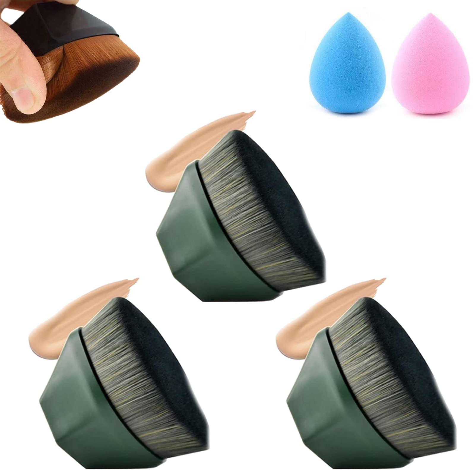 Premium Flat Top Kabuki Foundation Brush Set - 2/3/4 Pack Makeup Brushes for Liquid & Powder Foundation with Storage Case | Perfect for Professional Makeup Artists & Everyday Beauty Routine (3 Pcs Green)