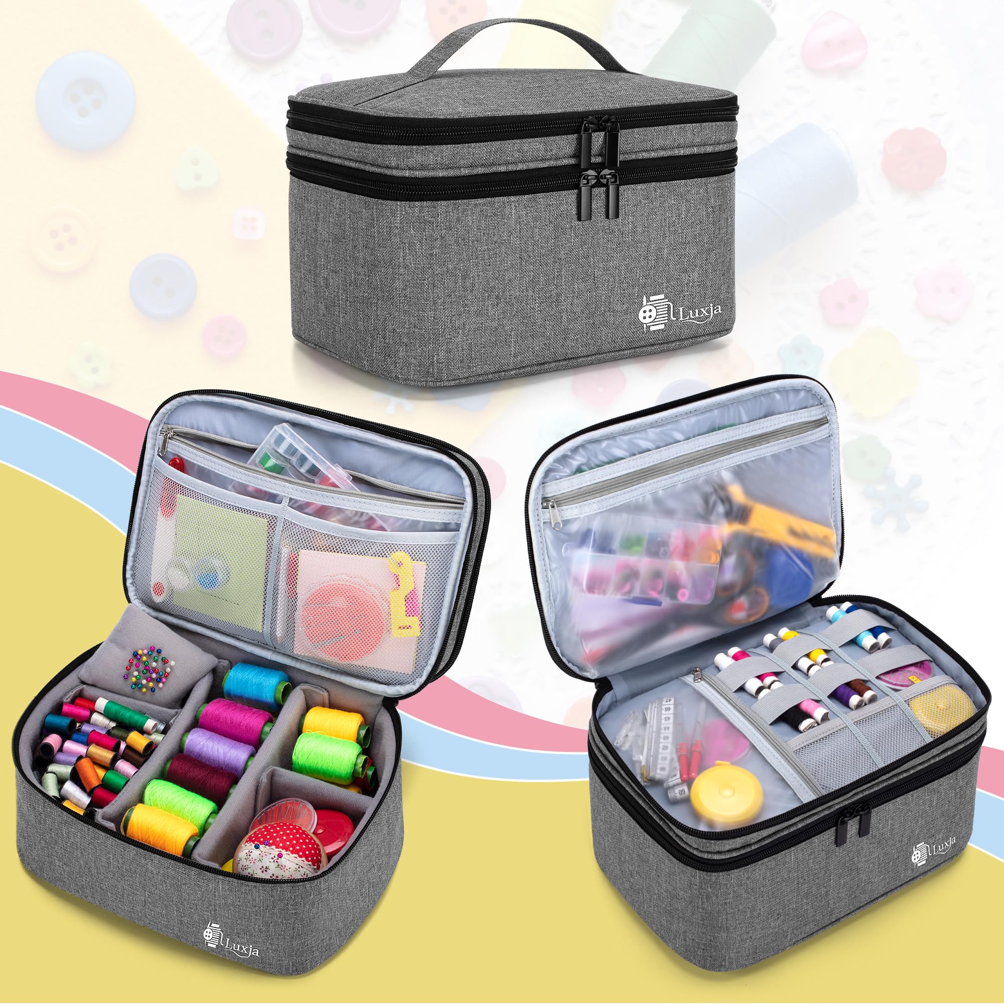 Luxja Double-Layer Sewing Accessories Organizer - Large Gray Storage Case for Needles, Thread, Scissors, Measuring Tape & Sewing Tools | Perfect for Home Sewing, Quilting, Craft Projects & Travel