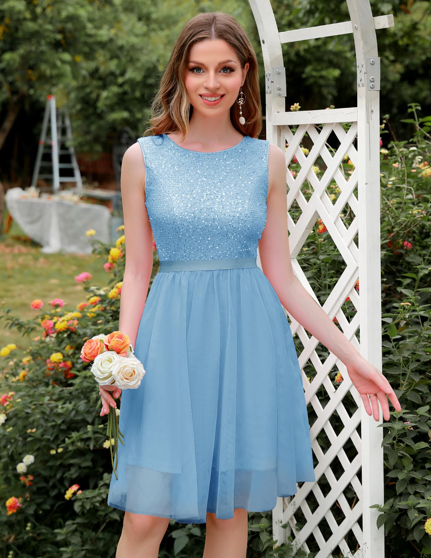 BeryLove Sequin Vintage A-Line Wedding Dress - Formal Swing Tulle Sleeveless Cocktail Mini Dress for Bridal Party, Prom, Evening Gala & Special Occasions