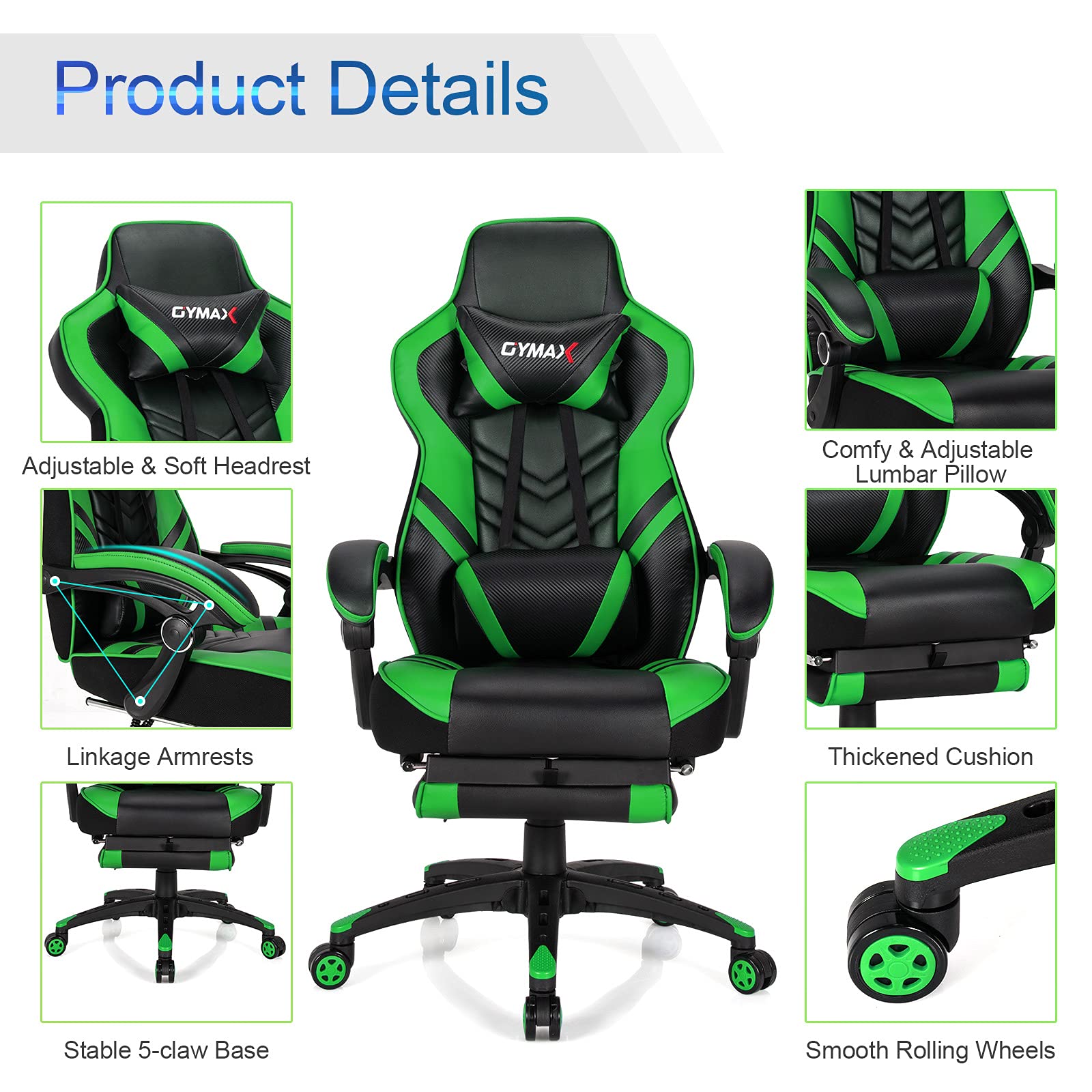 GYMAX Ergonomic Gaming Chair with Footrest, Adjustable Linkage Armrests & Lumbar Support - High Back Reclining Office Computer Chair for Adults & Teens - Perfect for Esports, Streaming & Home Office (Green)
