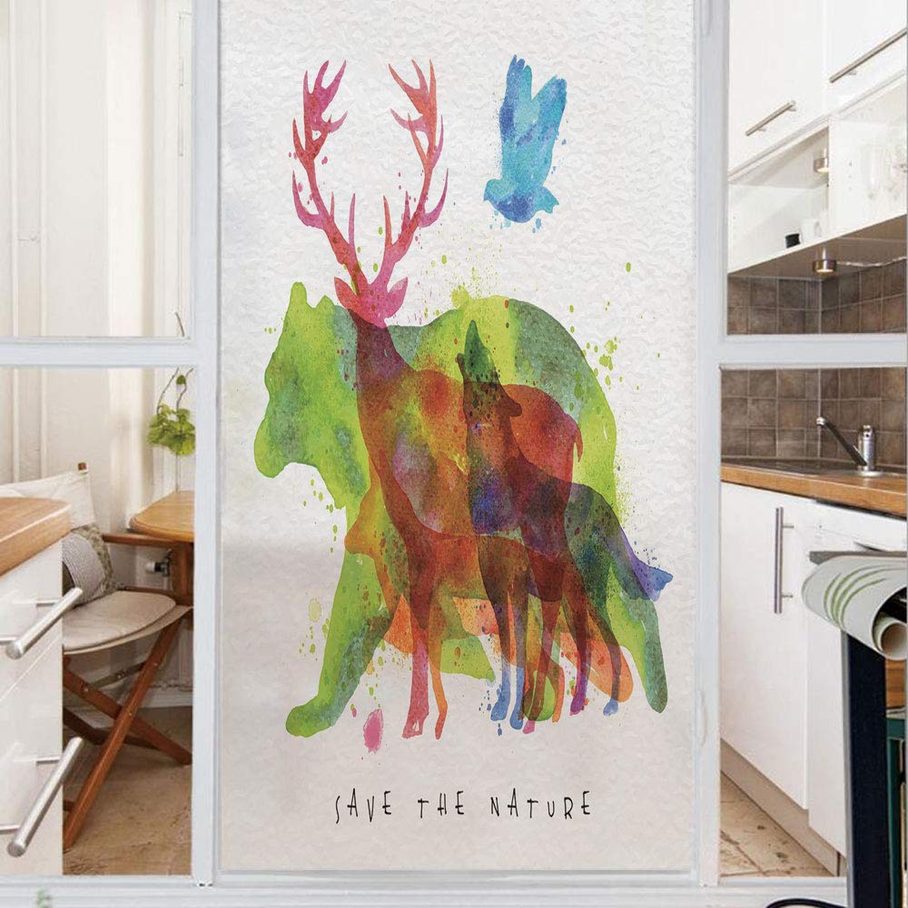 Decorative Window Film - No Glue Frosted Privacy Film, Stained Glass Door Film with Alaska Wildlife Bears Wolves Eagles Deer in Abstract Colored Shadow Print - 23.6