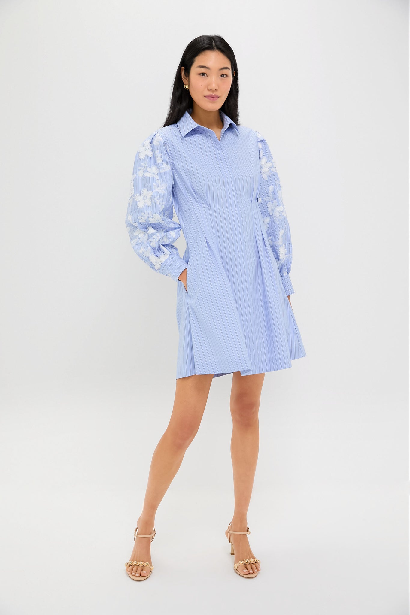 Blue Stripe Embroidery Mini Corinne Dress - Floral Summer Dress for Women, Perfect for Beach Vacation, Garden Party & Date Night Outfits
