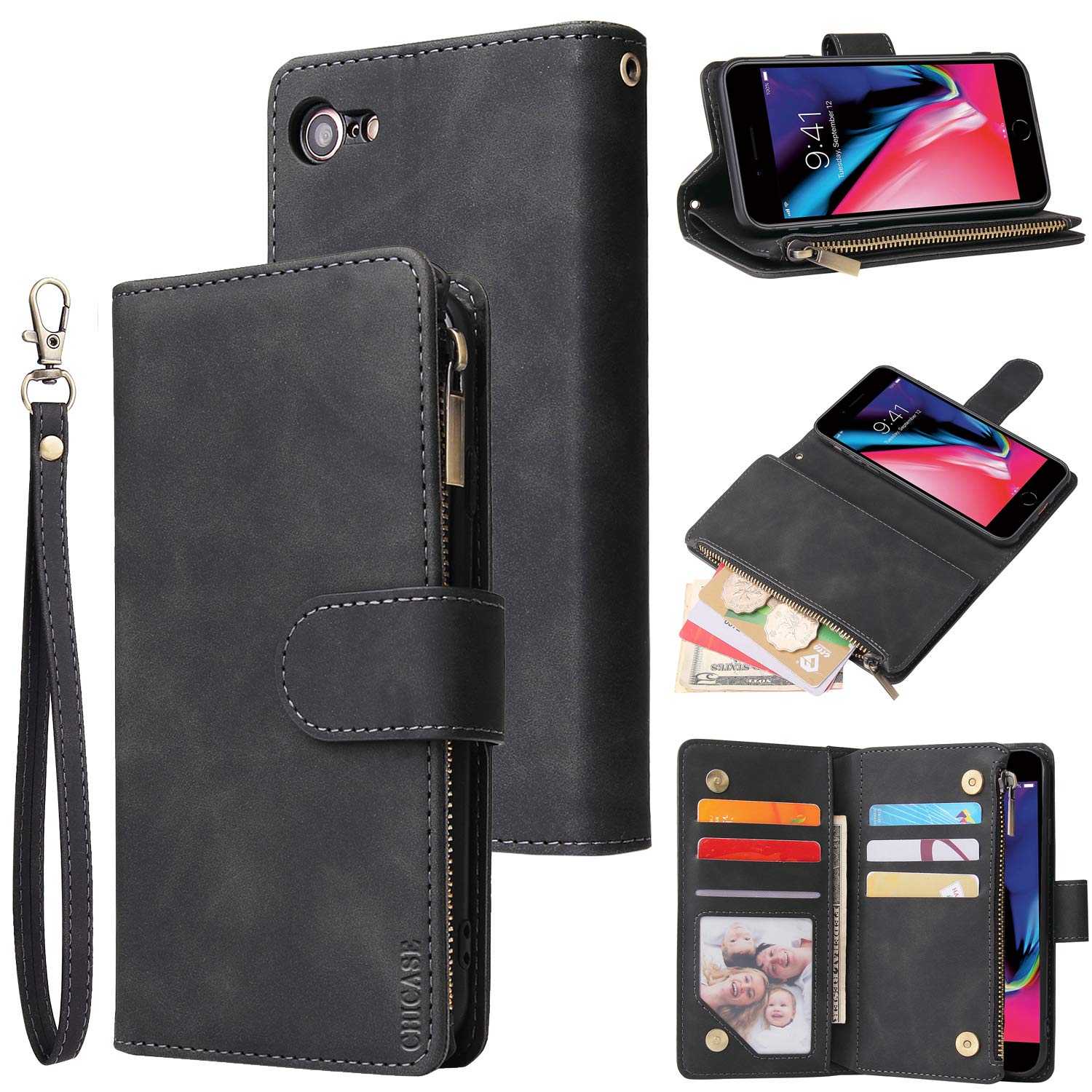 Premium Leather Wallet Case for iPhone SE 2020/iPhone 7/8 - RFID Blocking Flip Cover with Card Slots, Zipper Pocket & Wrist Strap | Protective Phone Case for Women & Men | Perfect for Travel, Shopping & Daily Use (Black)