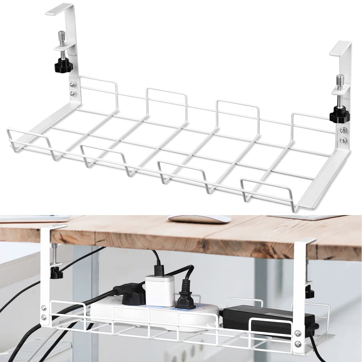 No Drill Under Desk Cable Management Tray - Alloy Steel Cord Organizer for Office & Home Standing Desk | Secure & Tangle-Free Wire Storage for Computer, TV, Gaming Setup