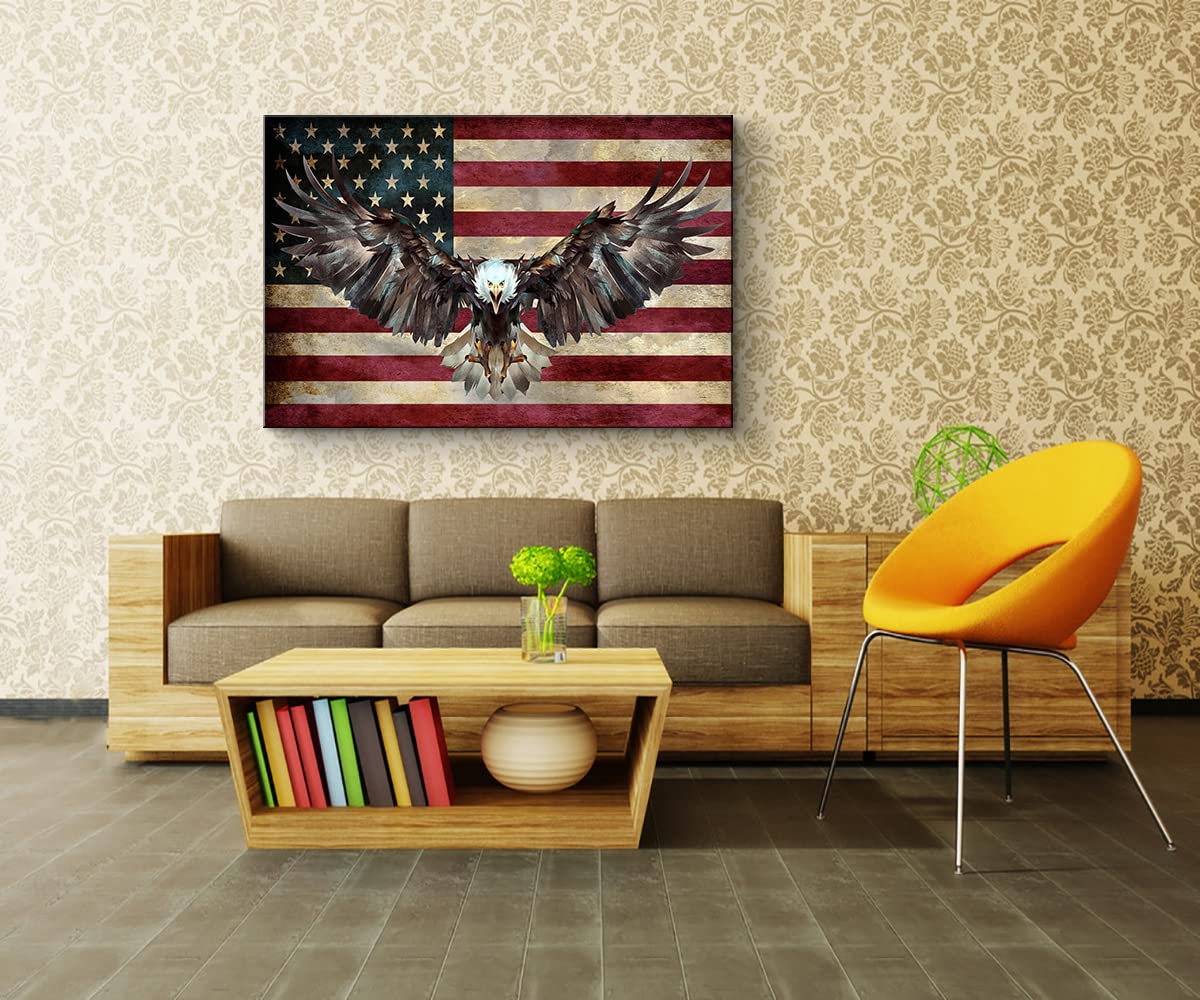 Handmade Wooden American Flag Wall Art - Patriotic Home Decor for Living Room, Bedroom & Office - Military & Army Themed Bald Eagle Design (28