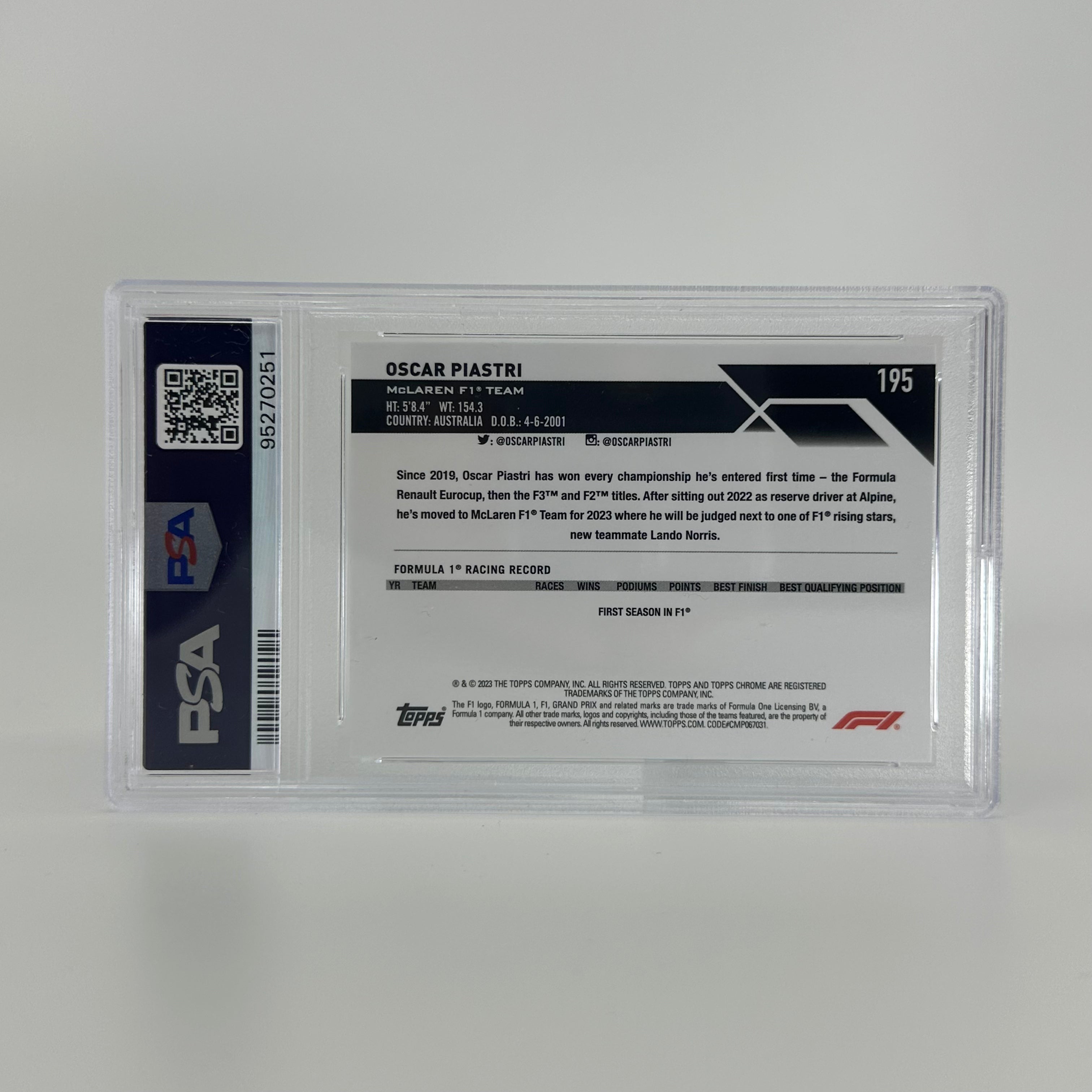 2023 Topps Chrome F1 Oscar Piastri #195 Sapphire Edition PSA 8 Rookie Card - Perfect for F1 Collectors, Racing Fans & Sports Memorabilia Enthusiasts