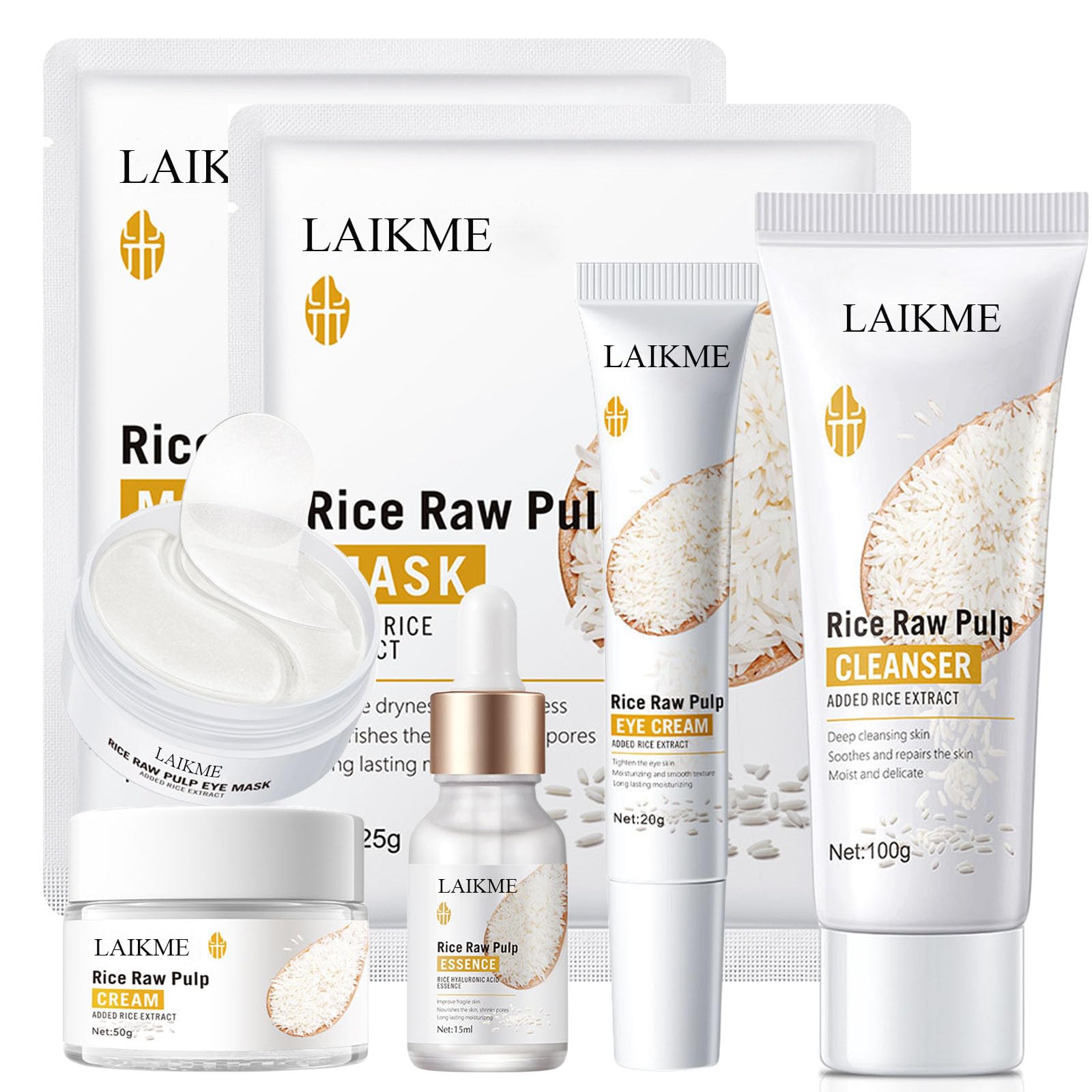 7Pcs Rice Skin Care Set for Women - Moisturizing Facial Kit with Antioxidant Properties to Improve Skin | Includes Rice Cleanser, Eye Cream, Serum, Face Cream, Eye Mask & Facial Mask | Perfect for Daily Skincare Routine & Anti-Aging Treatment