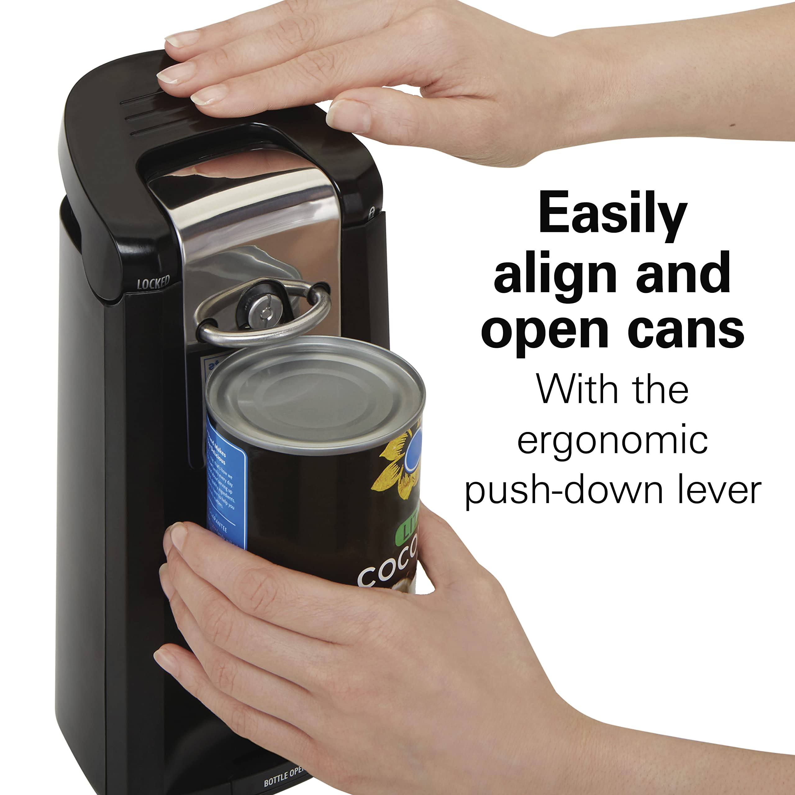 Hamilton Beach Smooth Touch Electric Automatic Can Opener - Effortless Push Down Lever for All Standard & Pop-Top Cans - Extra Tall Design with Bottle Opener & Built-In Knife Sharpener - Black - Perfect for Kitchen, Camping & Emergency Preparedness
