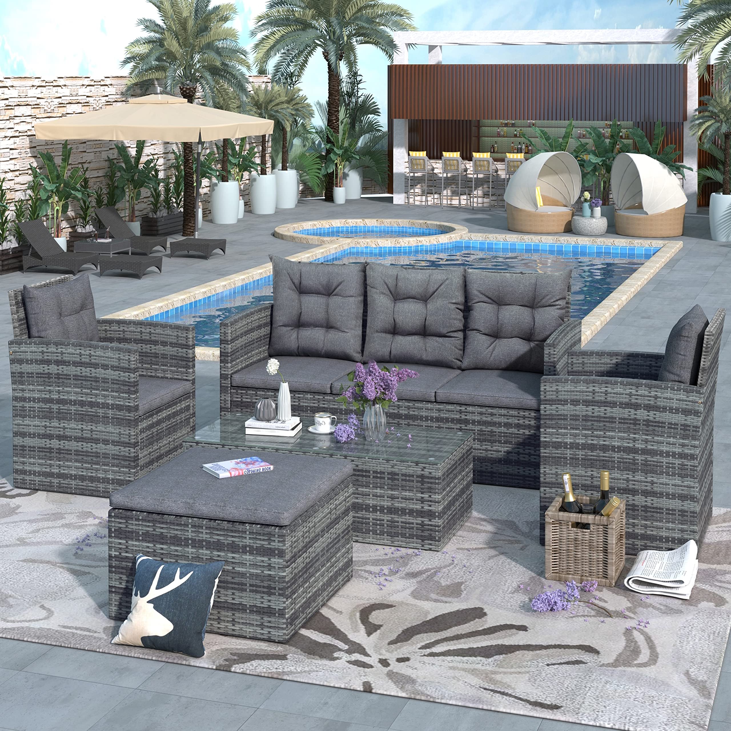 Merax 5-Piece Patio Furniture Set - Wicker/Rattan Outdoor Sofa with Storage Bench, Coffee Table, Chairs & Ottoman in Gray - Perfect for Backyard, Garden, Poolside & Patio Relaxation