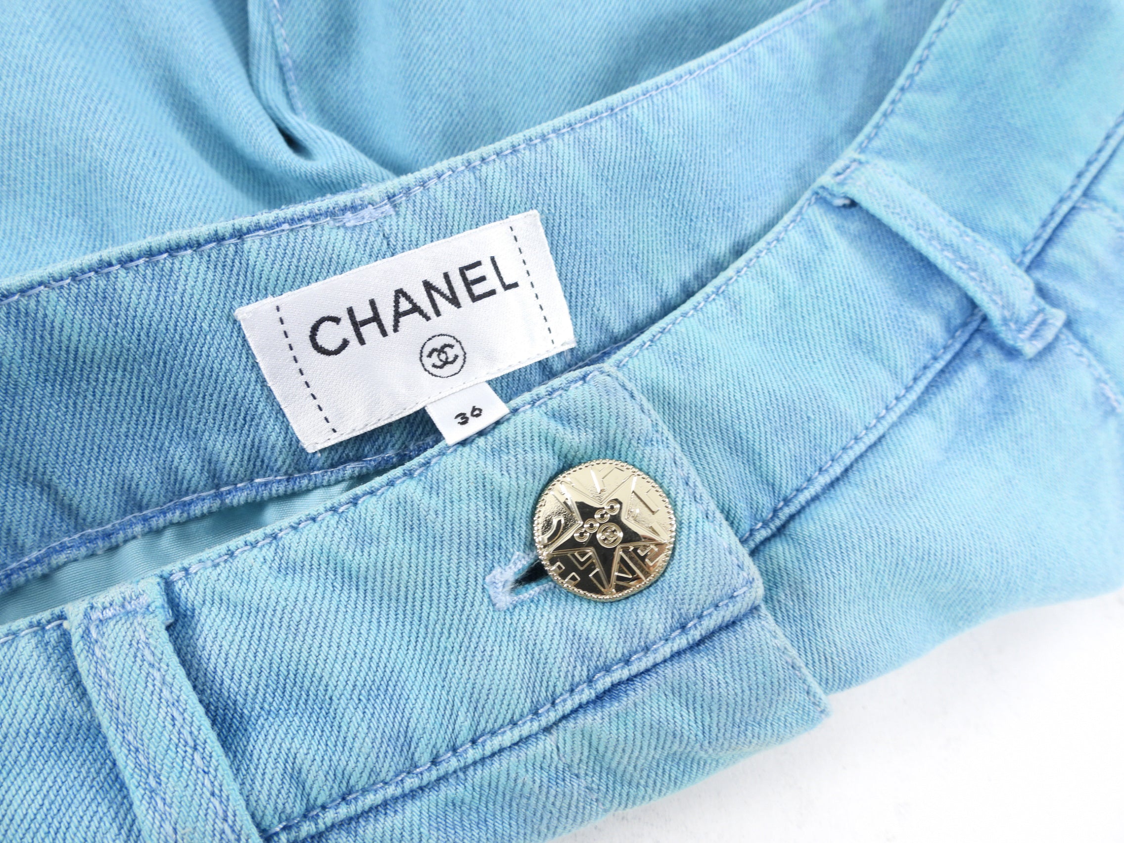 Chanel 21S Turquoise Blue Denim Wide Leg Jeans Size 36 | High Waist Distressed Denim Pants | Casual Chic Outfit for Women | Perfect for Streetwear, Date Night & Fashion Events