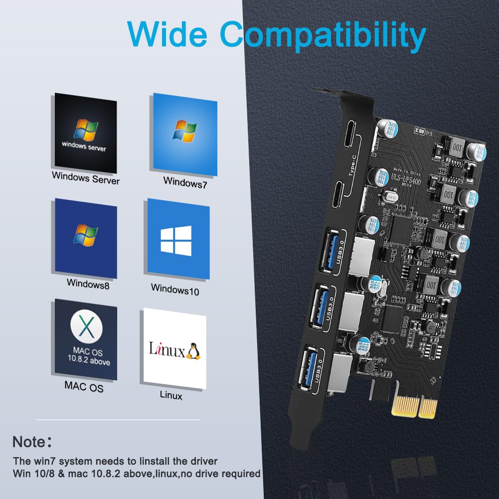 5-Port USB 3.0 PCIe Expansion Card with 3x USB-A & 2x USB-C Ports - 5Gbps High Speed Data Transfer for Windows 11/10/8/7/XP, Linux & Mac OS 10.8.2+ | Perfect for Gaming PCs, Workstations & Home Office Setups