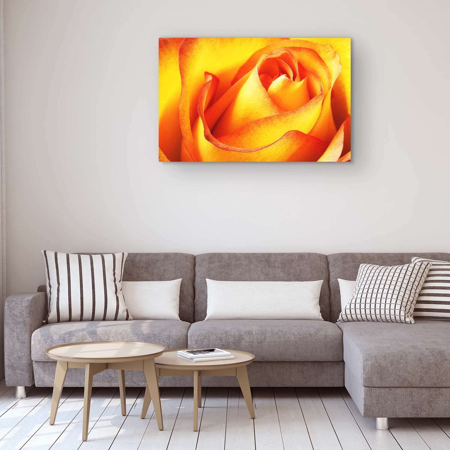 Red Orange Macro Rose Petals Flowers Canvas Wall Art - Stretched & Framed Modern Painting Print (24
