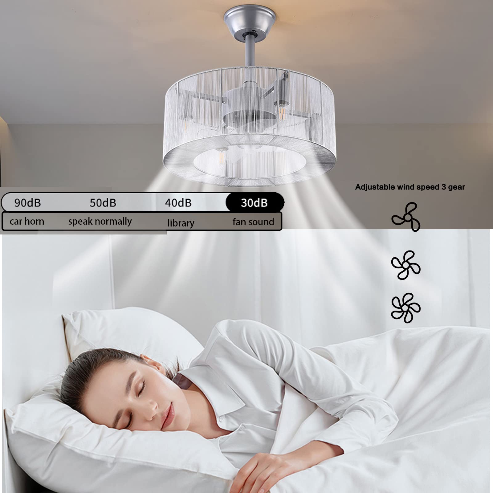 TFCFL 18 Inch Modern Bladeless Ceiling Fan with Remote Control - Low Profile Caged Design, 3 Speed Settings, E26x4 Bulb Base - Perfect for Bedroom, Dining Room & Living Room (Silver) | Energy Efficient Indoor Cooling & Stylish Lighting Solution