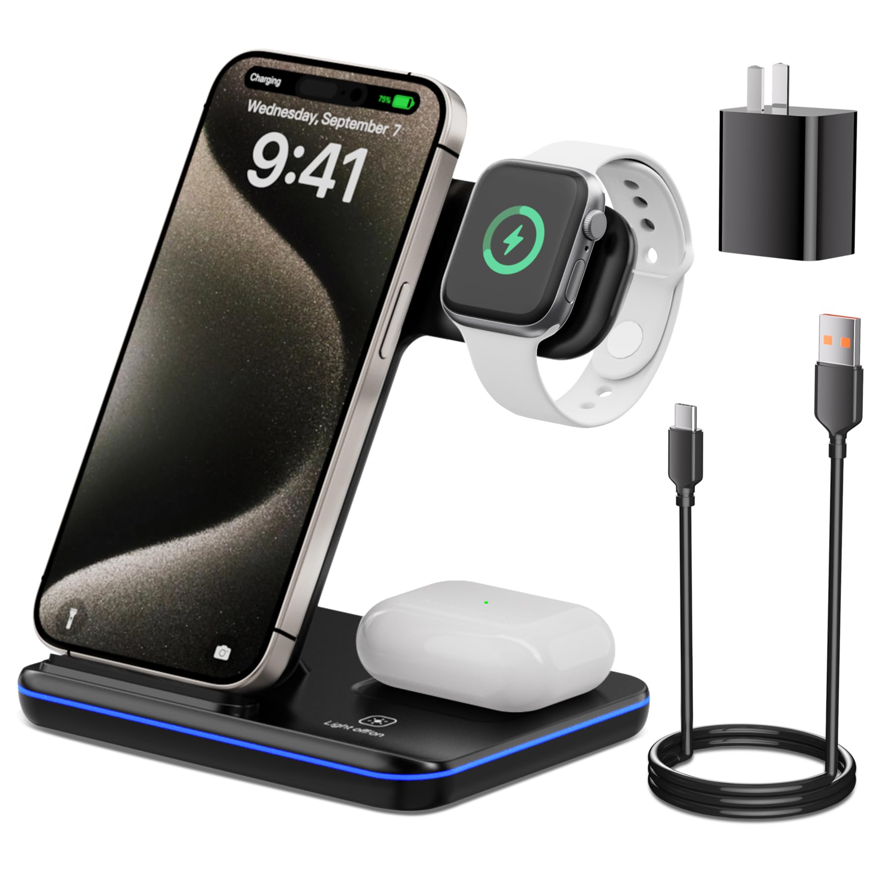 3-in-1 Fast Wireless Charging Station 15W for iPhone 15/14/13/12/11/Pro/Max/XS/XR/X/8/Plus, Apple Watch Series 2-9/SE & AirPods 2/3/Pro - Qi Certified Multi-Device Charger for Home, Office & Nightstand Use