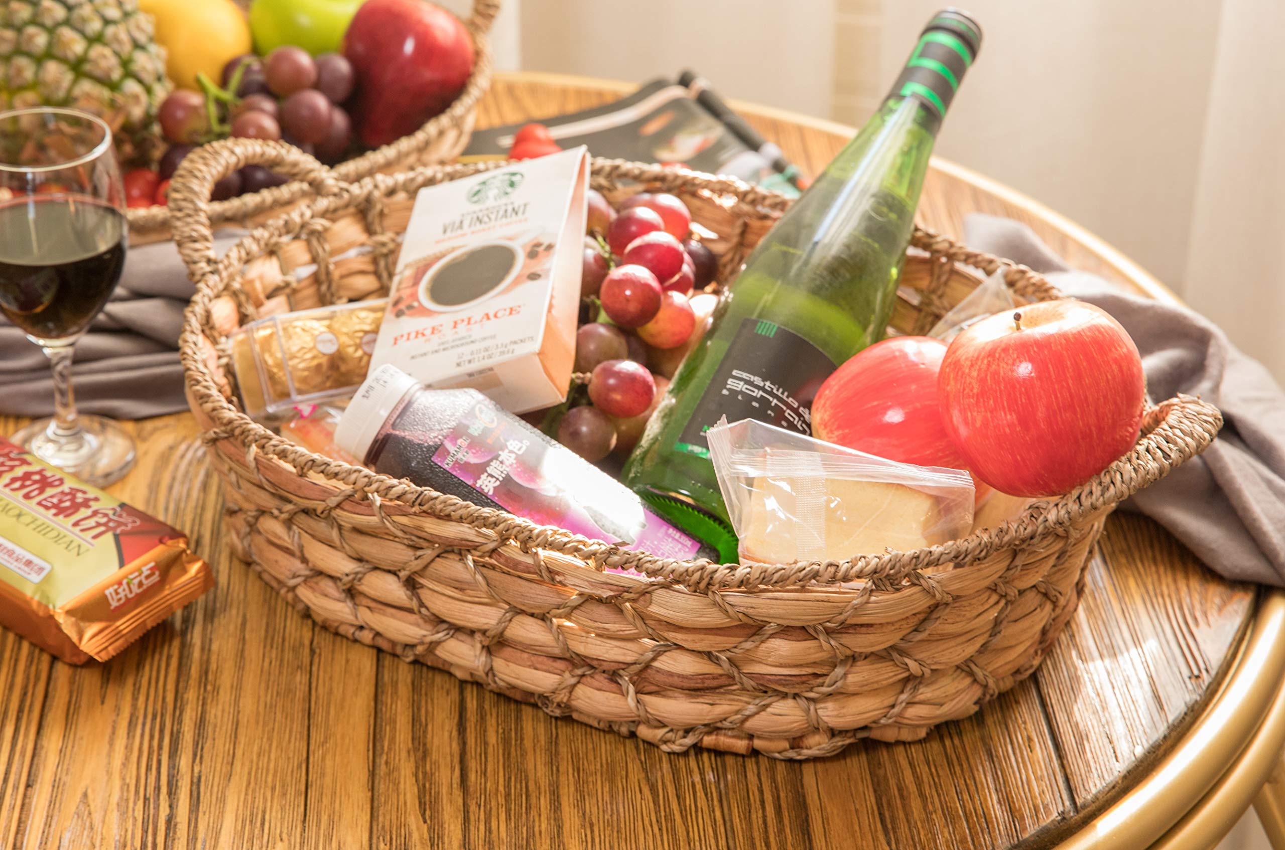 Vintiquewise Seagrass Fruit Bread Basket Tray with Handles - Set of 4 Large Natural Woven Storage Baskets for Kitchen, Dining Table, Picnic & Home Decor | Eco-Friendly Farmhouse Style
