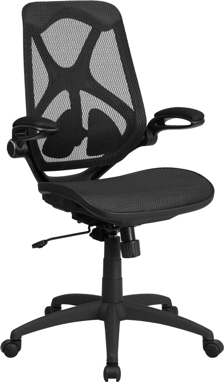 FLASH Kimble High Back Ergonomic Office Chair - Transparent Black Mesh, Adjustable Lumbar Support, 2-Paddle Control & Flip-Up Arms - Perfect for Home Office, Gaming & Executive Workspaces