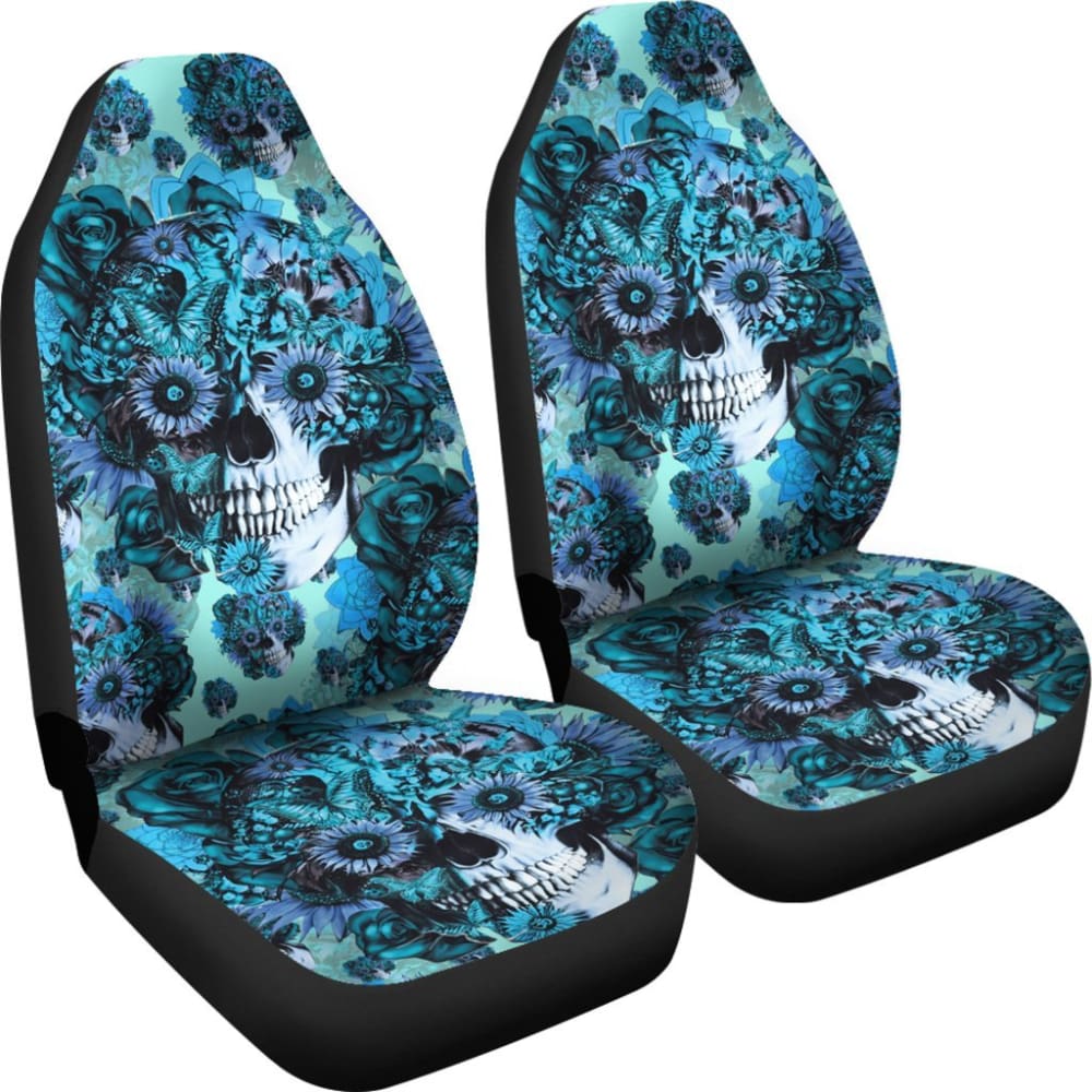 2 Pcs Gothic Skull Car Seat Covers - Universal Fit for Cars, Trucks & SUVs - Black Skull Print Design - Perfect for Halloween, Gothic Style & Car Enthusiasts - Easy to Install & Machine Washable