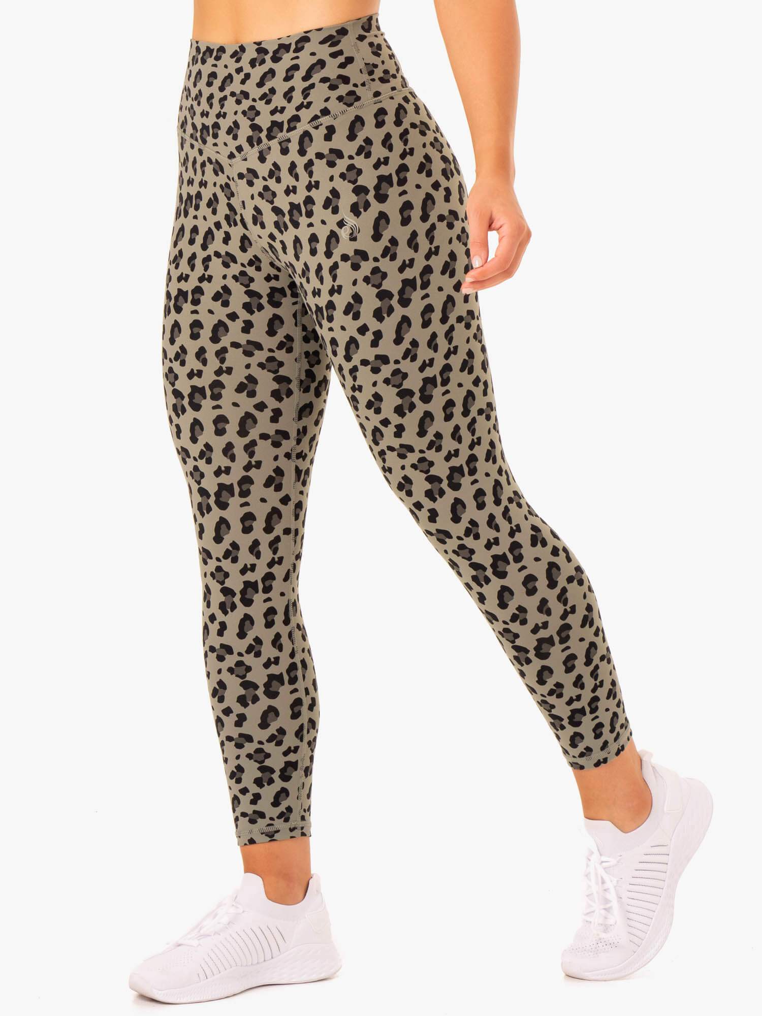 Hybrid Full Length Leggings - Khaki Leopard Print Yoga Pants for Women | High Waisted Workout Leggings for Running, Gym & Lounge