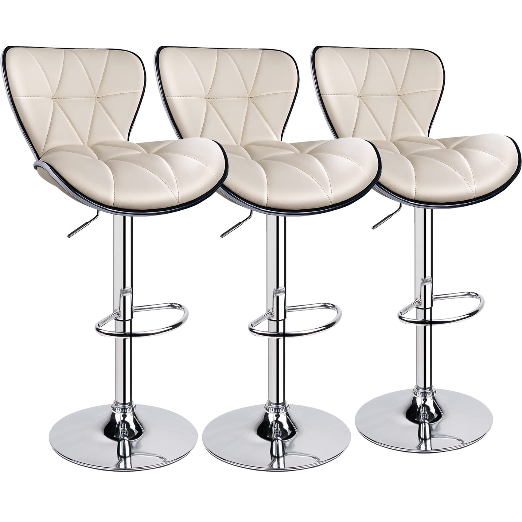 Premium Adjustable Swivel Bar Stools with Shell Back Design - Set of 3 PU Leather Padded Counter Height Stools (Beige) for Kitchen Island, Breakfast Nook & Home Bar Decor