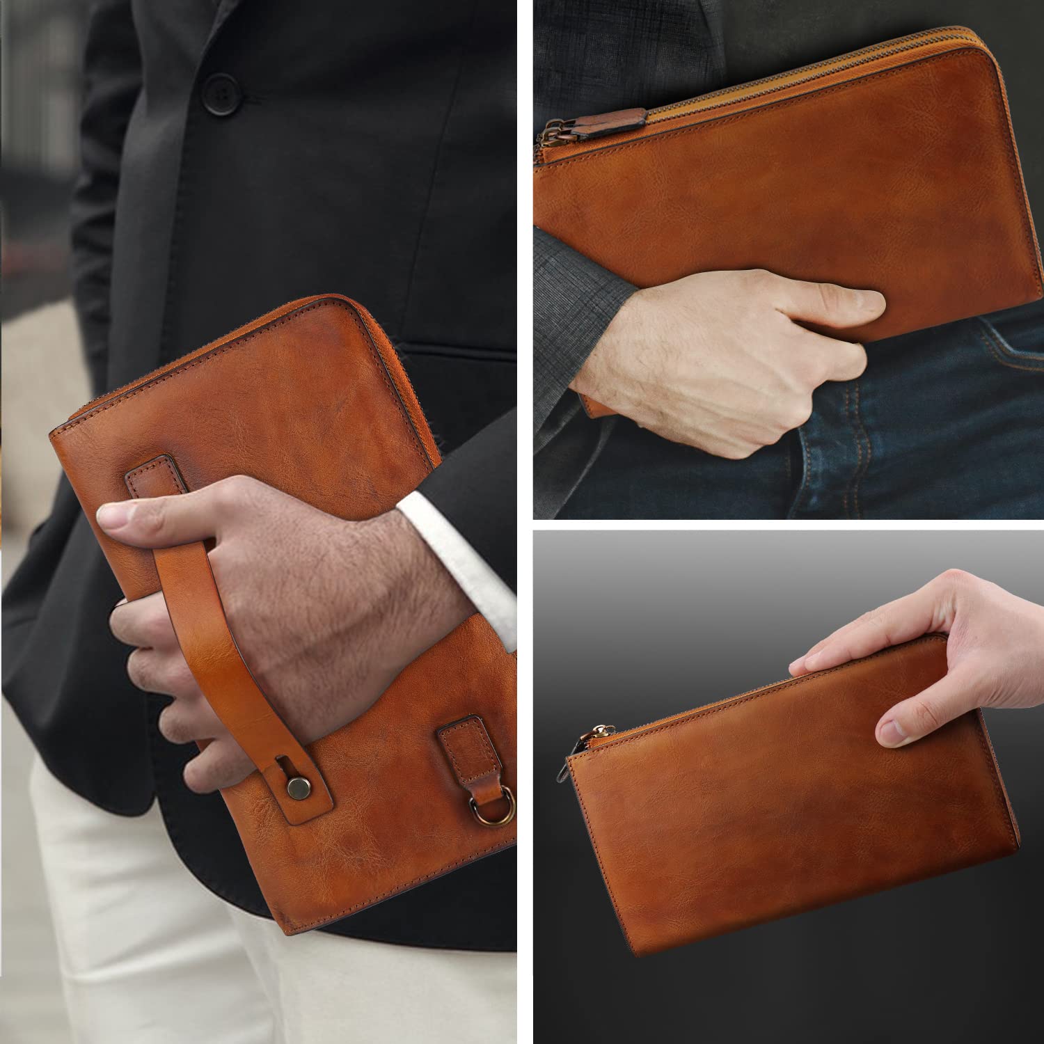 ORIREAL Men's Genuine Leather Wristlet Clutch Bag - Slim RFID Blocking Wallet & Luxury Handbag Purse (Brown) - Perfect for Business Travel, Date Night & Everyday Essentials