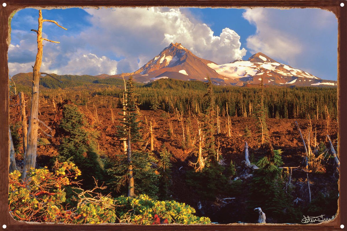 North & Middle Sister Mountains Oregon - Rustic Metal Wall Art Print 11.5x17.5 Inches - Landscape Photography by Steve Terrill - Perfect for Home, Office & Cabin Decor