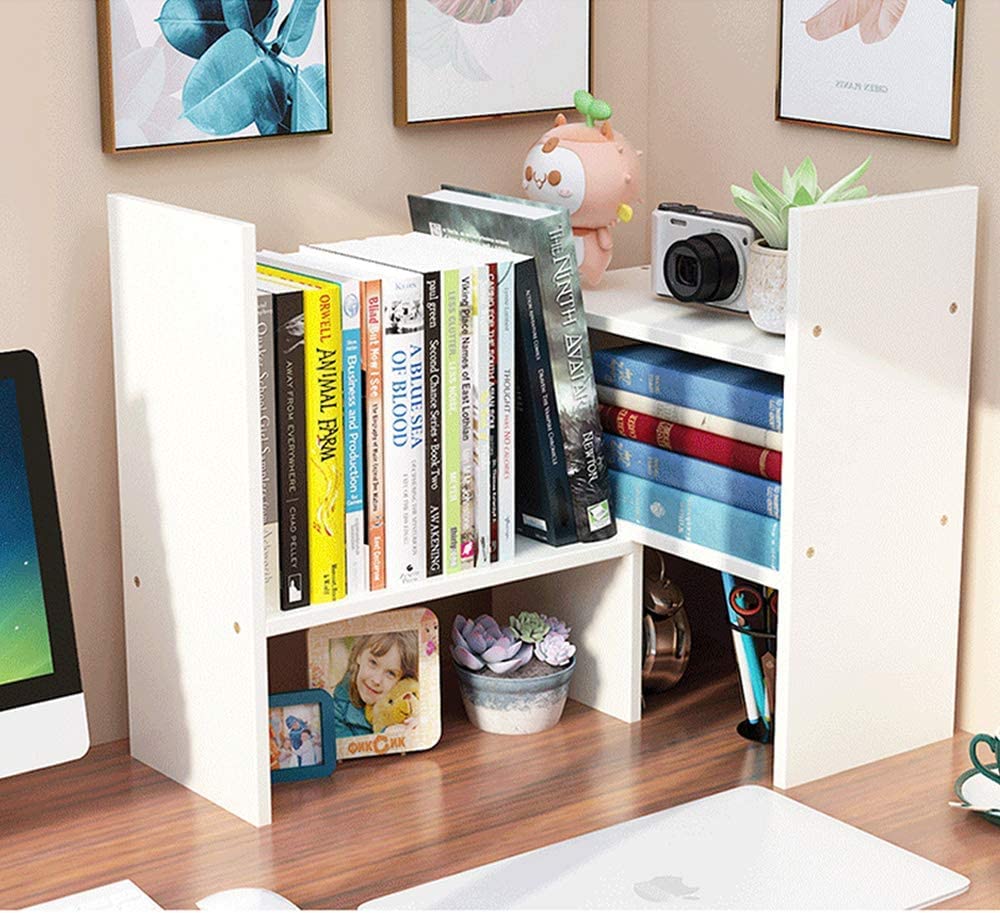 Expandable Wood Desktop Bookshelf - Adjustable Office Organizer & Storage Rack with 360° Rotation - White Home Decor for Workspace, Study & Living Room Organization