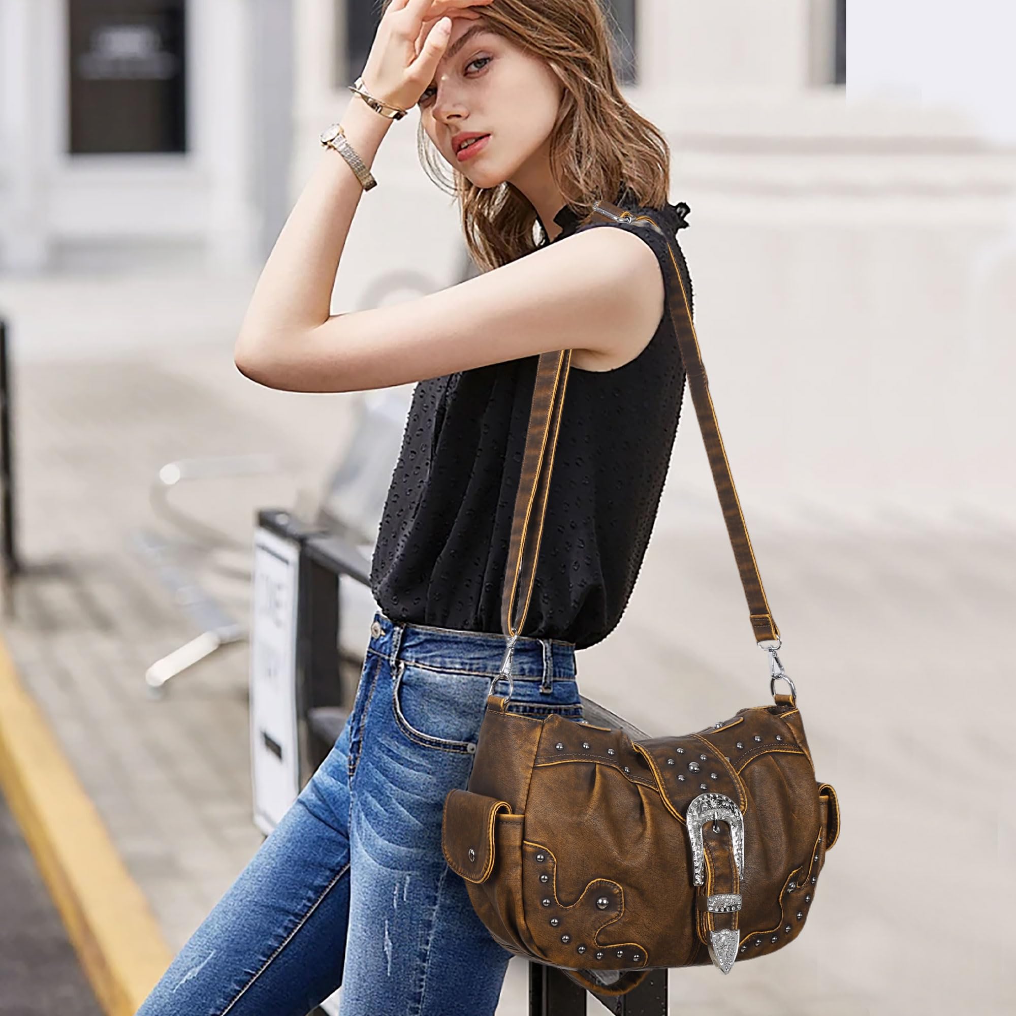Angel Kiss Vegan Leather Hobo Bags for Women - Stylish Shoulder & Crossbody Purse with Metal Studs | Perfect for Work, Travel & Everyday Use