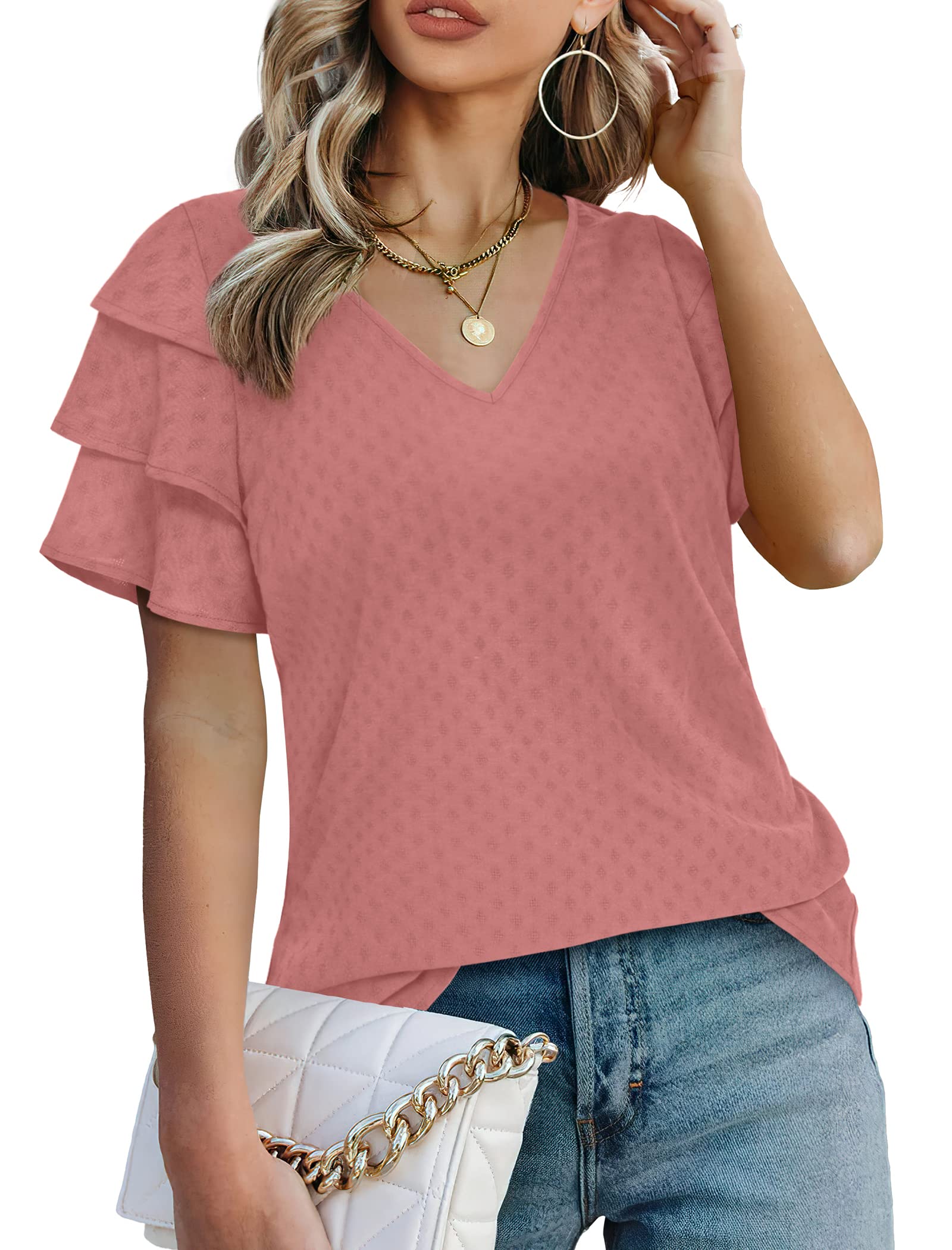 Bofell Women's Casual Ruffle Short Sleeve V-Neck Summer Tops & Blouses - Perfect for Office Wear, Date Nights and Summer Outfits