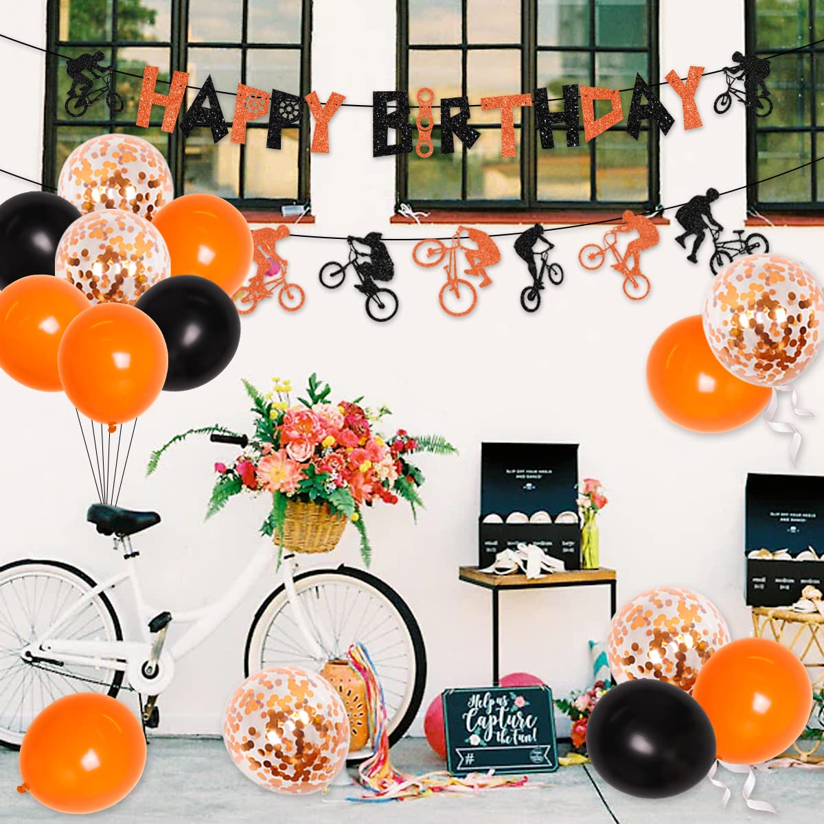 Orange & Black BMX Bike Birthday Party Decorations - Happy Birthday Banner, Cake Topper, Garland & Balloons for Extreme Sports Themed Parties | Perfect for Boys' Motocross & Bicycle Celebration Decor