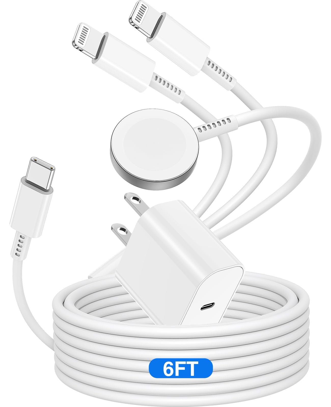 3-in-1 Magnetic Fast Charging Cable for Apple Watch Series Ultra/9/8/7/6/5/4/3/SE & iPhone 14/13/12 - 6ft USB-C Charger with 20W Power Adapter - Perfect for Travel, Office and Home Use