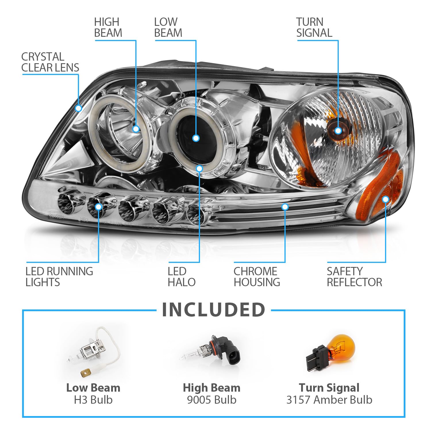 1997-2003 Ford F150 & Expedition Chrome Projector Headlights Assembly with Xtreme LED Halos - Replacement Headlights for F-Series (Passenger & Driver Side) - Perfect for Night Driving & Off-Road Adventures