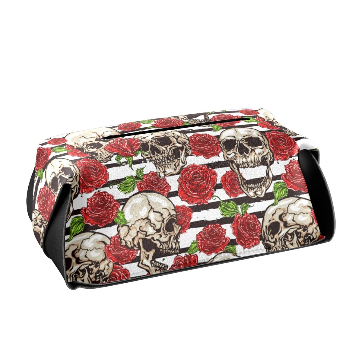 Skulls and Red Roses PU Leather Tissue Box Cover - Rectangle Facial Tissue Dispenser with Hanging Loop for Countertops, Nightstands | Gothic Home Decor for Living Room, Bedroom, Bathroom