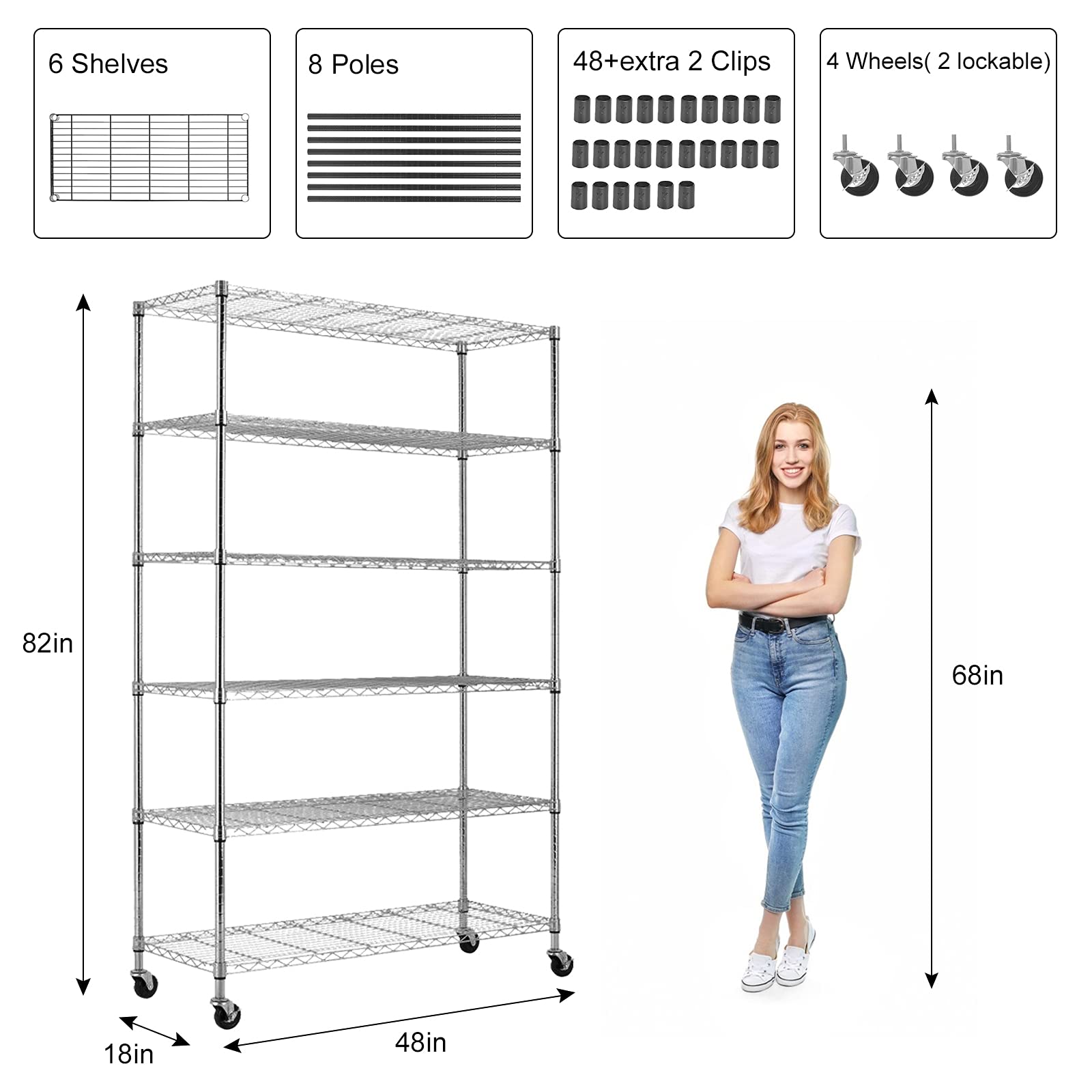 Heavy Duty 6-Tier Adjustable Metal Shelving Unit with Wheels - 2100LBS Capacity, NSF Certified for Kitchen & Garage - 82