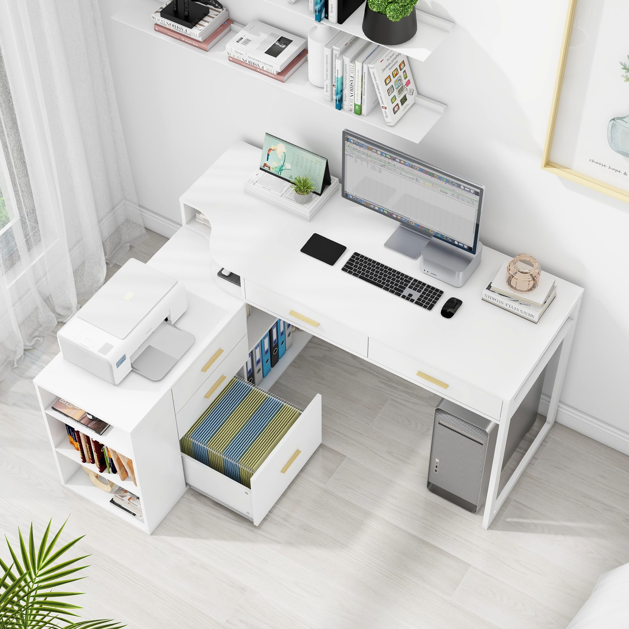 Modern L-Shaped Desk with 5 Drawers & Adjustable Shelves - 55 Inch Executive Office Desk, Wooden Computer Writing Table with File Storage Cabinet for Home Office - Perfect for Small Spaces & Remote Work Setup