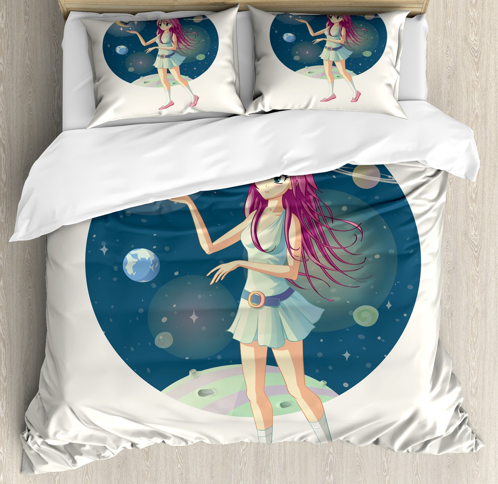 Ambesonne Anime Duvet Cover Set - Japanese Themed Space & Stars Design with Lady Illustration, 3-Piece Queen Size Bedding Set with 2 Pillow Shams, Multicolor - Perfect for Anime Lovers' Bedroom Decor & Themed Sleep Space