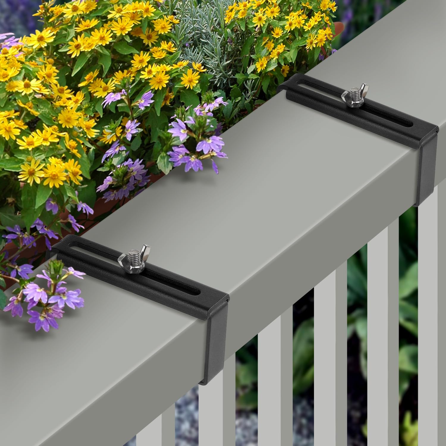 Adjustable Window Box Bracket - No Drill Flower Box Holder for Railing & Deck - Black (3 Pairs) - Perfect for Balcony, Patio & Outdoor Garden Decor