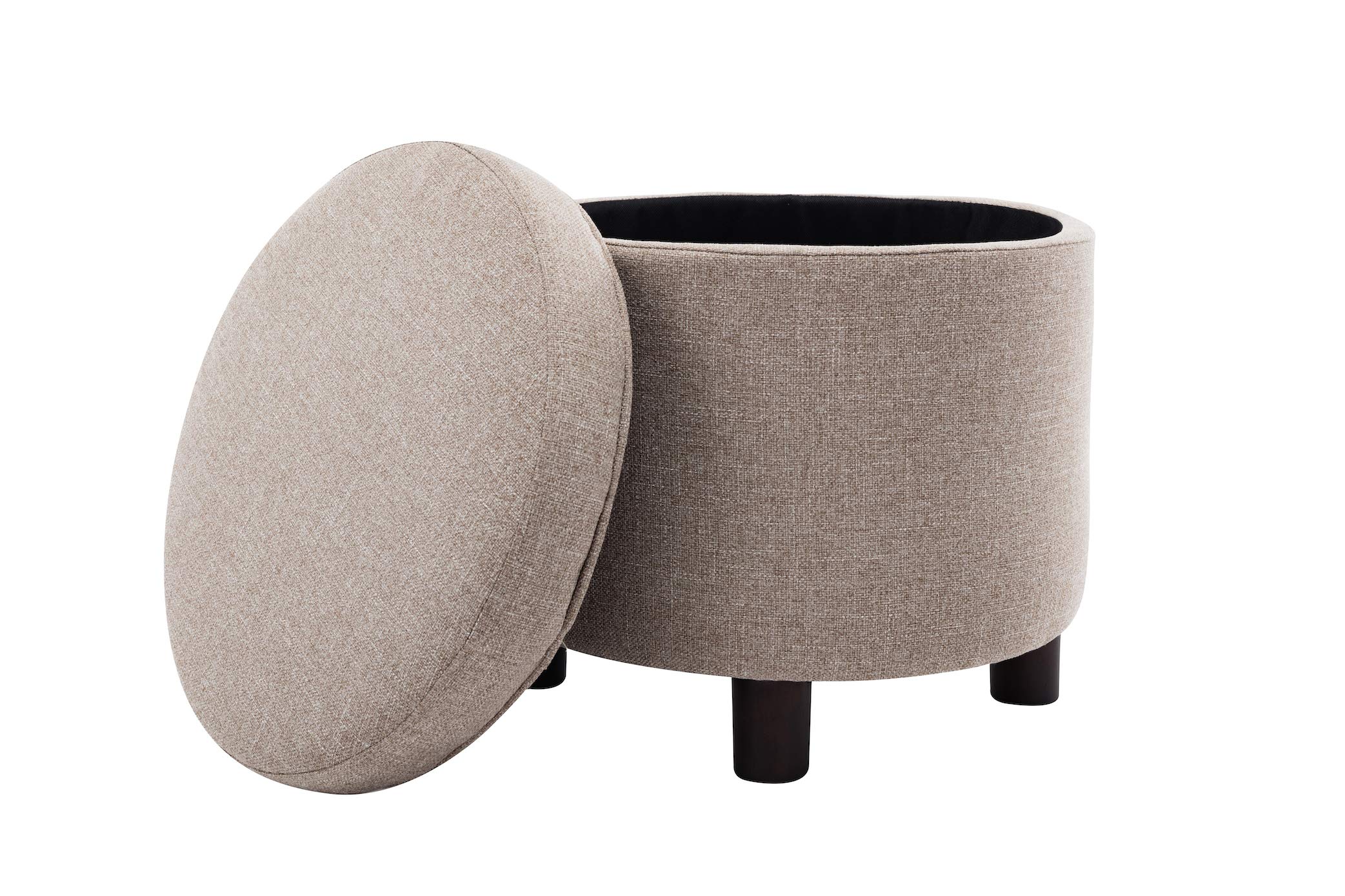 Wovenbyrd Classic Small Round Storage Ottoman Footstool with Removable Lid - Light Brown Fabric Upholstered, Multi-Functional Foot Rest & Hidden Storage for Living Room, Bedroom, or Nursery