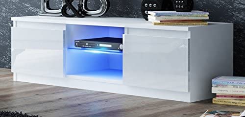 MMT Furniture TV Stand for 42-65 Inch LED LCD Plasma Flat Screen TVs - Modern Entertainment Center with Storage Cabinet & Blue LED Lights - White Media Console Shelf for Living Room, Bedroom & Home Theater Setup